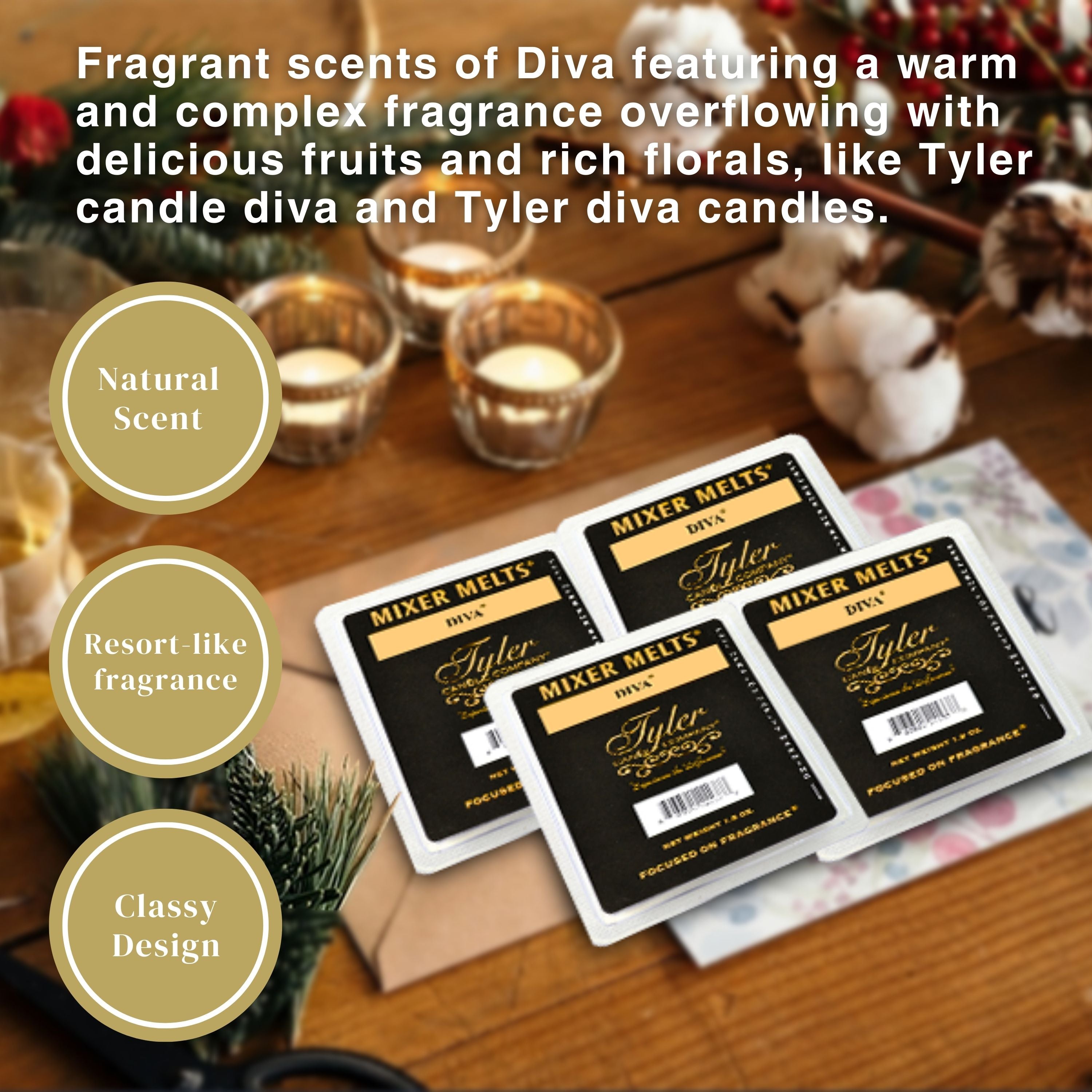 Worldwide Nutrition Bundle, 2 Items: Tyler Diva Scent Wax Melts - Soy Wax Tyler Diva Wax Melts Scented Mixer Melts for Wax Warmer - Pack of 4, 6 Bars per Melt and Multi-Purpose Key Chain