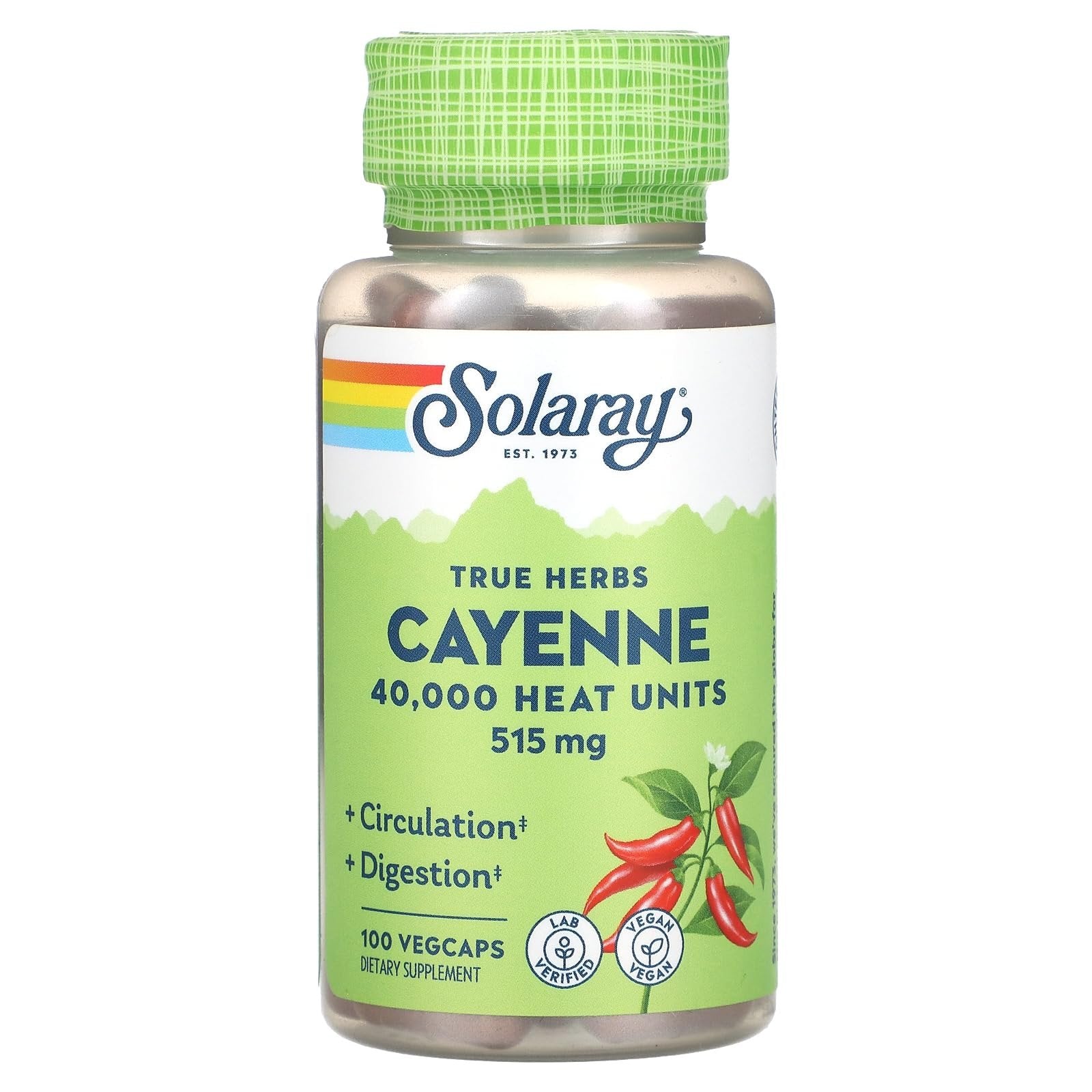 SOLARAY Cayenne Pepper 515 mg | 40,000 Heat Unit | Healthy Digestion, Circulation, Metabolism & Cardiovascular Support | Non-GMO | 100 VegCaps