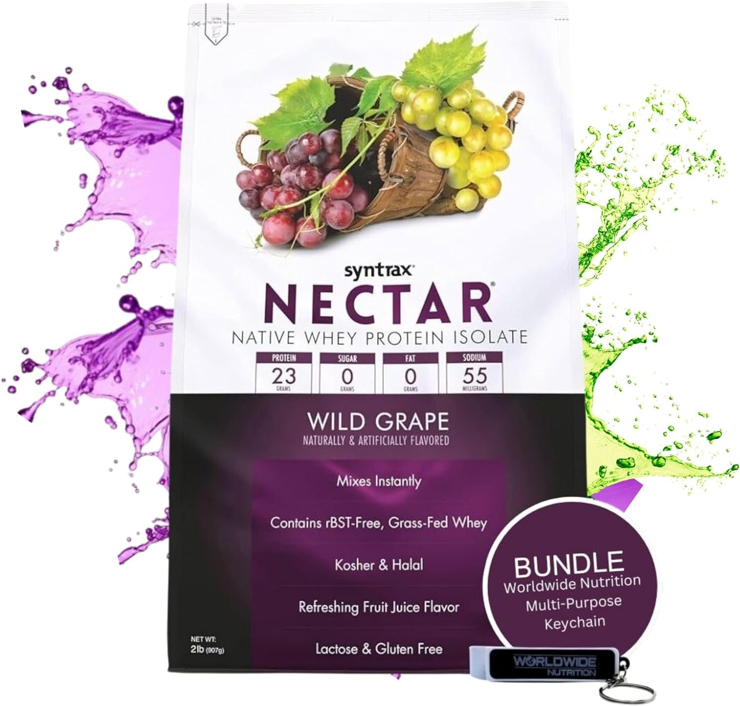 Syntrax Nectar Native Whey Protein Isolate (2lb Bag) - Muscle Support - with Multi-Purpose Keychain