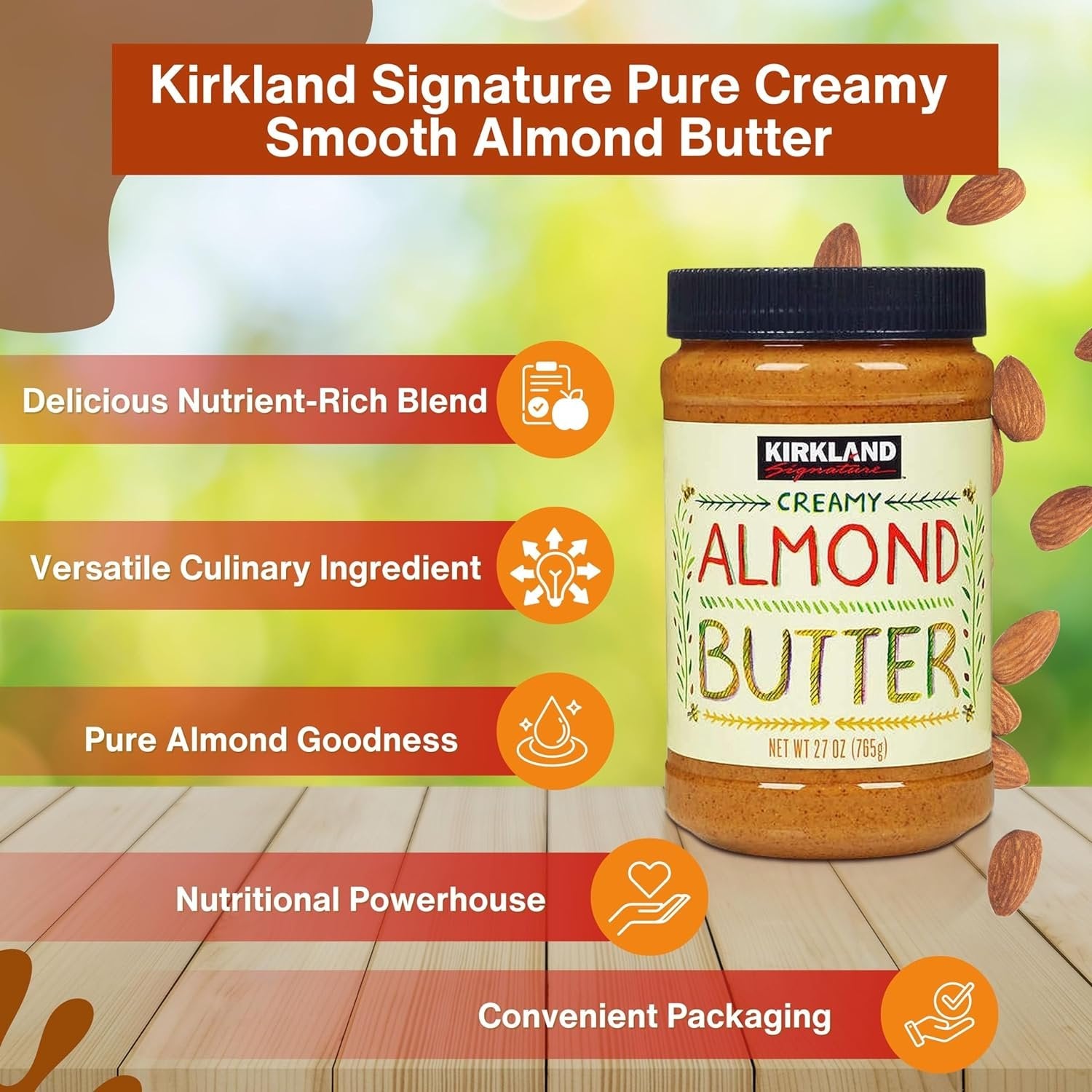 Kirkland Signature Creamy Pure Roasted Almond Butter, 27 oz (765g) - Pack of 2 with Multi-Purpose Keychain