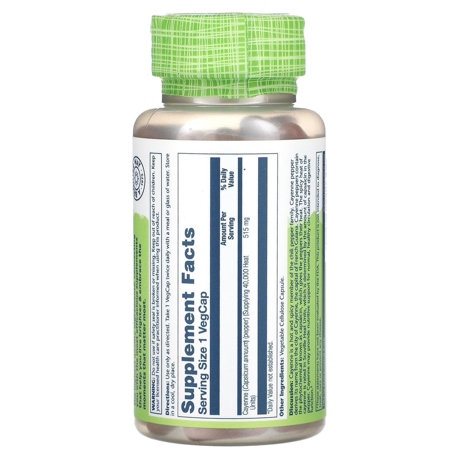 SOLARAY Cayenne Pepper 515 mg | 40,000 Heat Unit | Healthy Digestion, Circulation, Metabolism & Cardiovascular Support | Non-GMO | 100 VegCaps