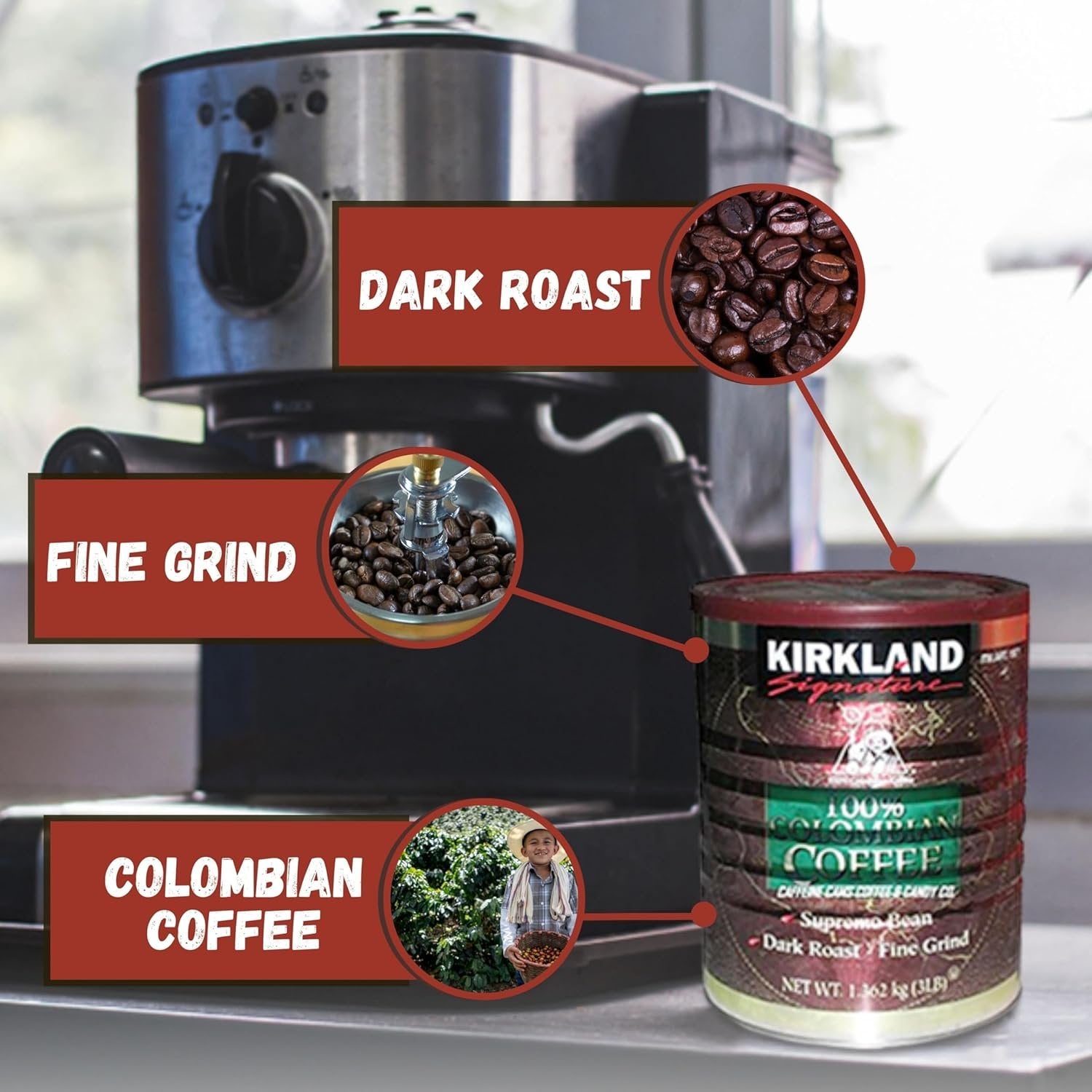 Worldwide Nutrition Bundle, 2 Items: Kirkland Signature 100% Colombian Supremo Coffee - Dark Roast, Ground Columbian Coffee, Cafe Kirkland - 3 LB Ground Coffee and Multi-Purpose Key Chain