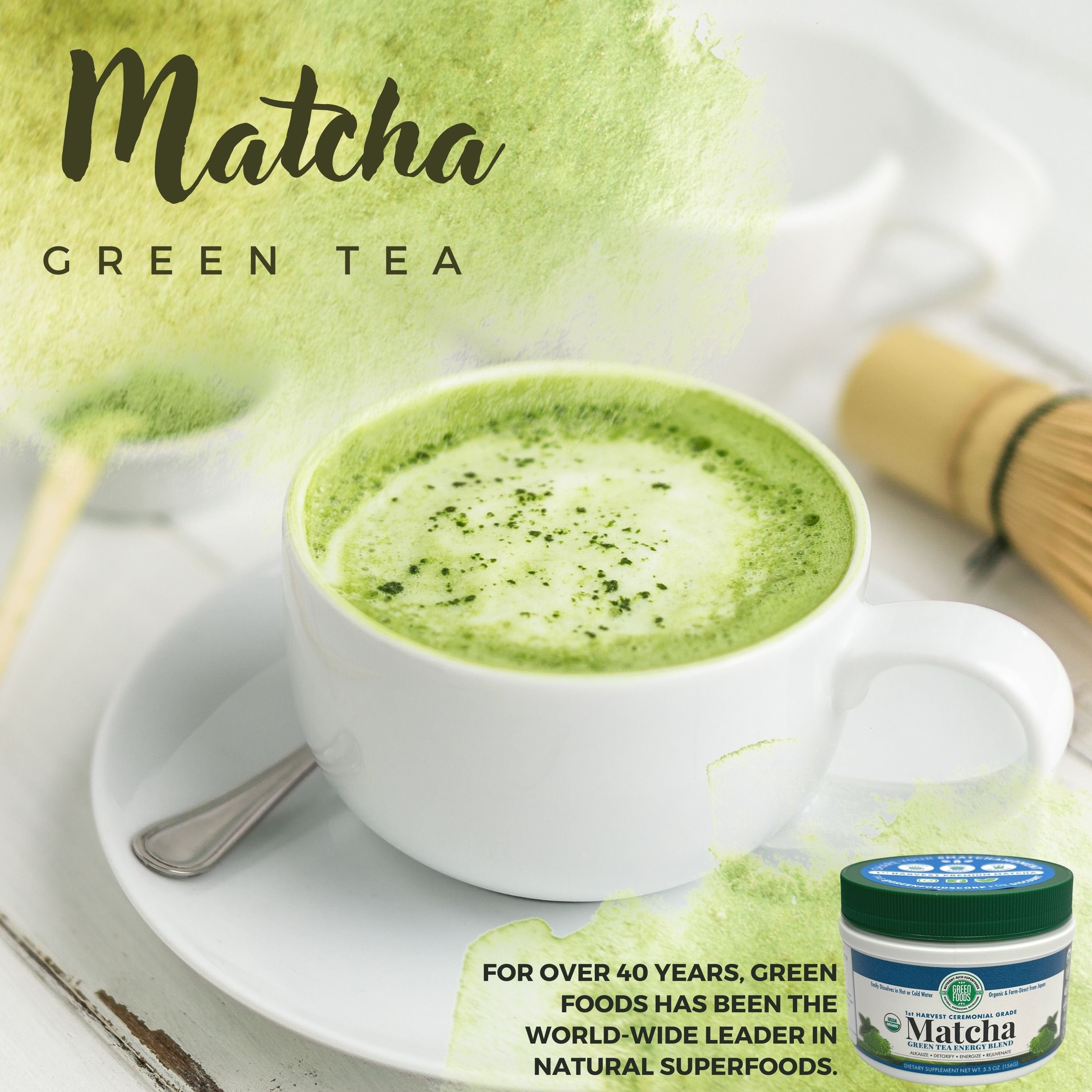 Green Foods Organic Ceremonial Grade Matcha Green Tea Energy Blend Powder - Alkalize - Detoxify - Energize - Rejuvenate - 5.5oz (156g) - with Multi-Purpose Keychain