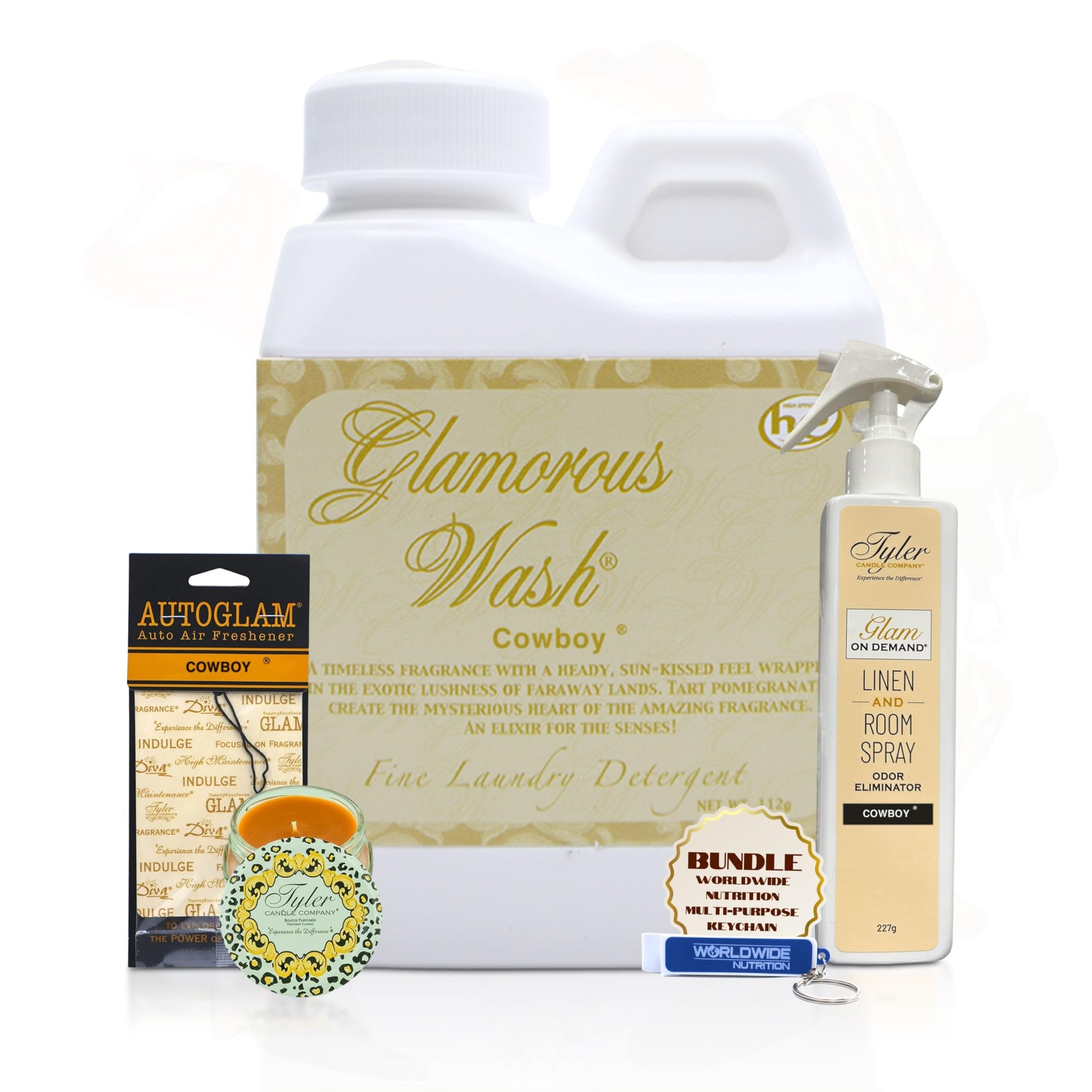 Tyler Candle Company Glamorous Gift Suite VI Cowboy - Glam On Demand Linen and Room Spray Bottle, Prestige Candle, Glamorous Wash Laundry Detergent, Autoglam Auto Air Freshener & Keychain