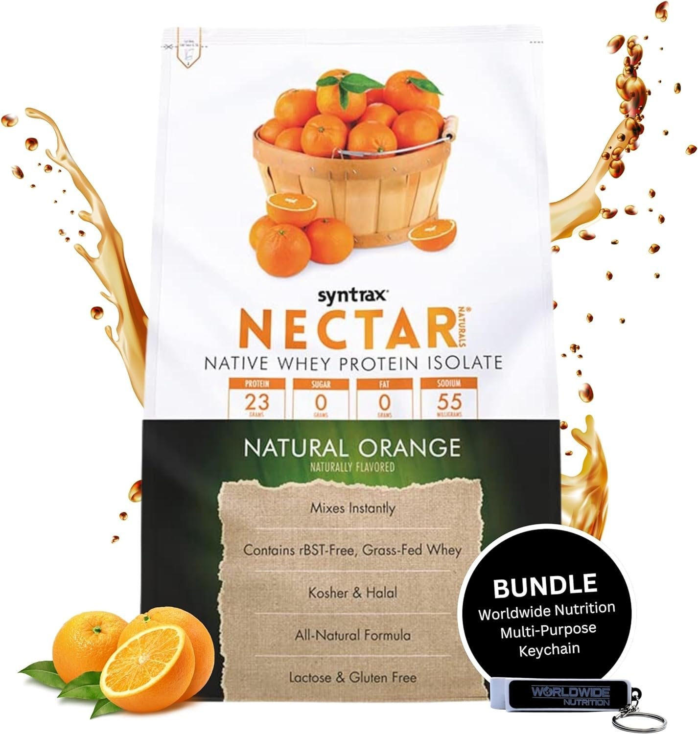 Natural Orange Syntrax Nectar Native Whey Protein Isolate (2lb Bag) Natural Vanilla - Muscle Support - with Multi-Purpose Keychain