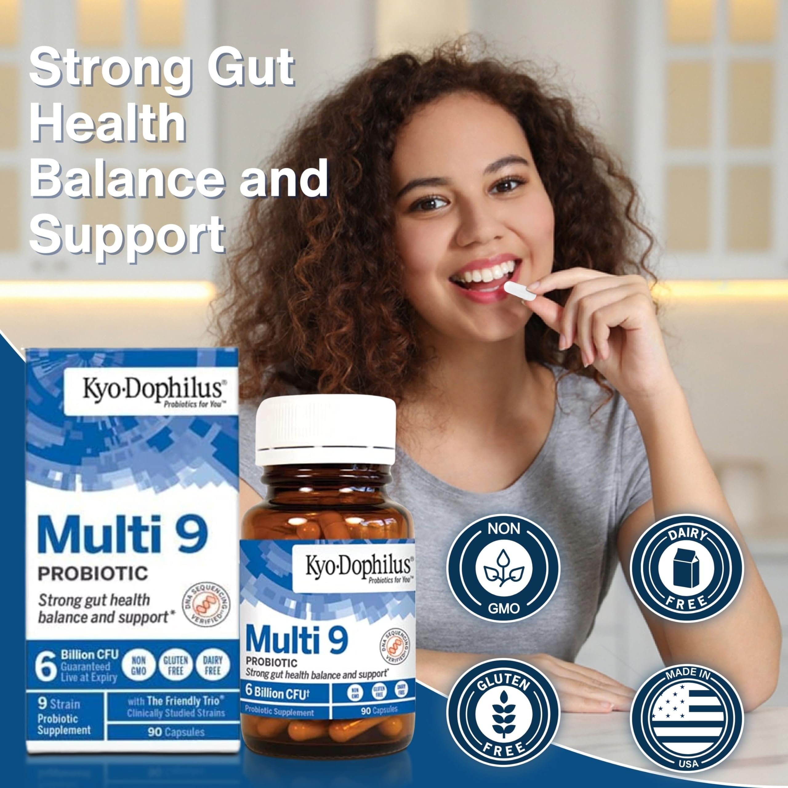 Kyolic KyoDophilus Multi 9 Probiotic, 90 Capsules- Intestinal Balance and Digestive Support - Non GMO - 1 Pack with Keychain