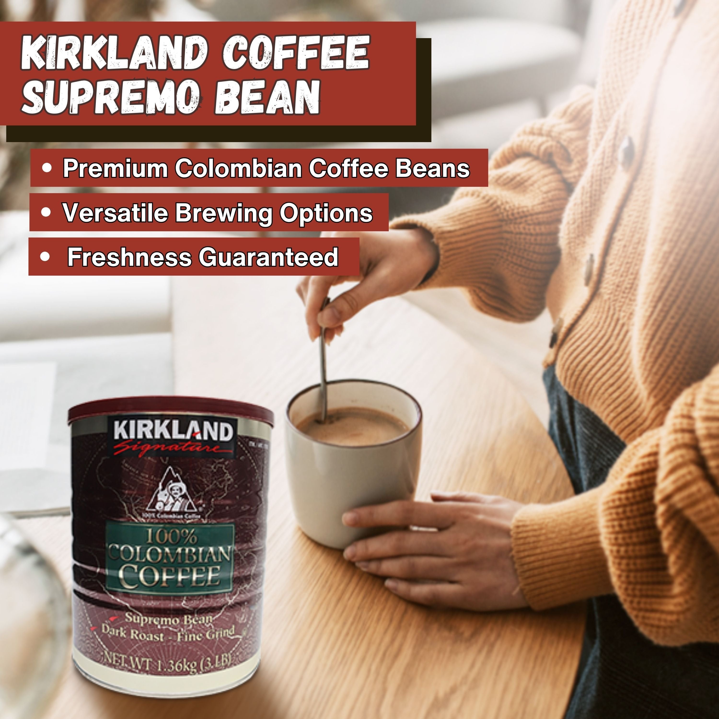 Kirkland Signature 100% Colombian Coffee Supremo Bean - Dark Roast - Fine Grind - 3 LB (1.36kg) with Keychain