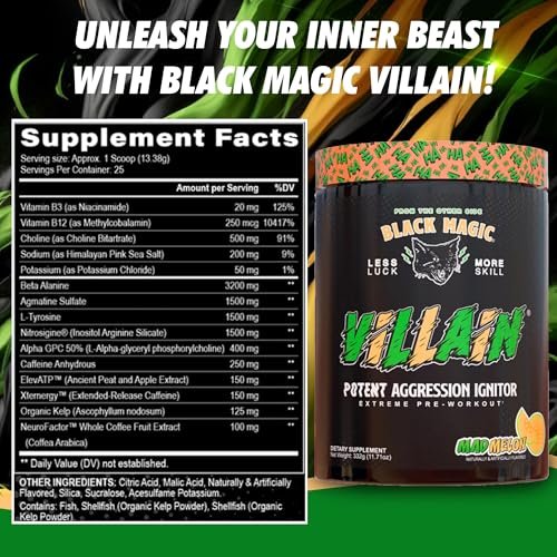 Black Magic Supply Mad Melon Villain Potent Aggression Ignitor - High-Stim Nootropic Pre Workout - Beta-Alanine, L-Tyrosine, & Caffeine - 25 Servings - 1 Pack of 11.71 oz with Multi-Purpose Keychain