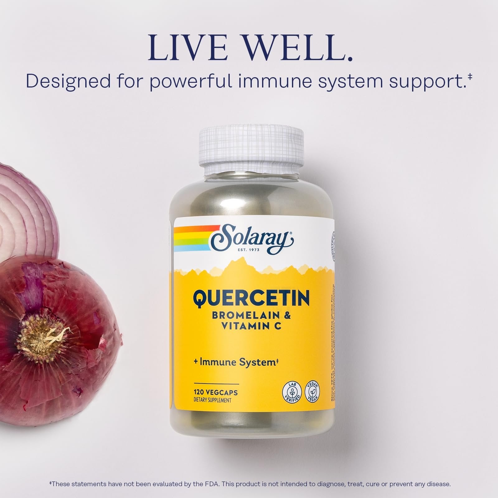 SOLARAY Quercetin with Bromelain and Vitamin C - Immune Support Supplement - Antioxidant and Heart Health Complex with Quercetin 500mg and 1235mg VIT C - Vegan, 60-Day Guarantee, 60 Serv, 120 VegCaps