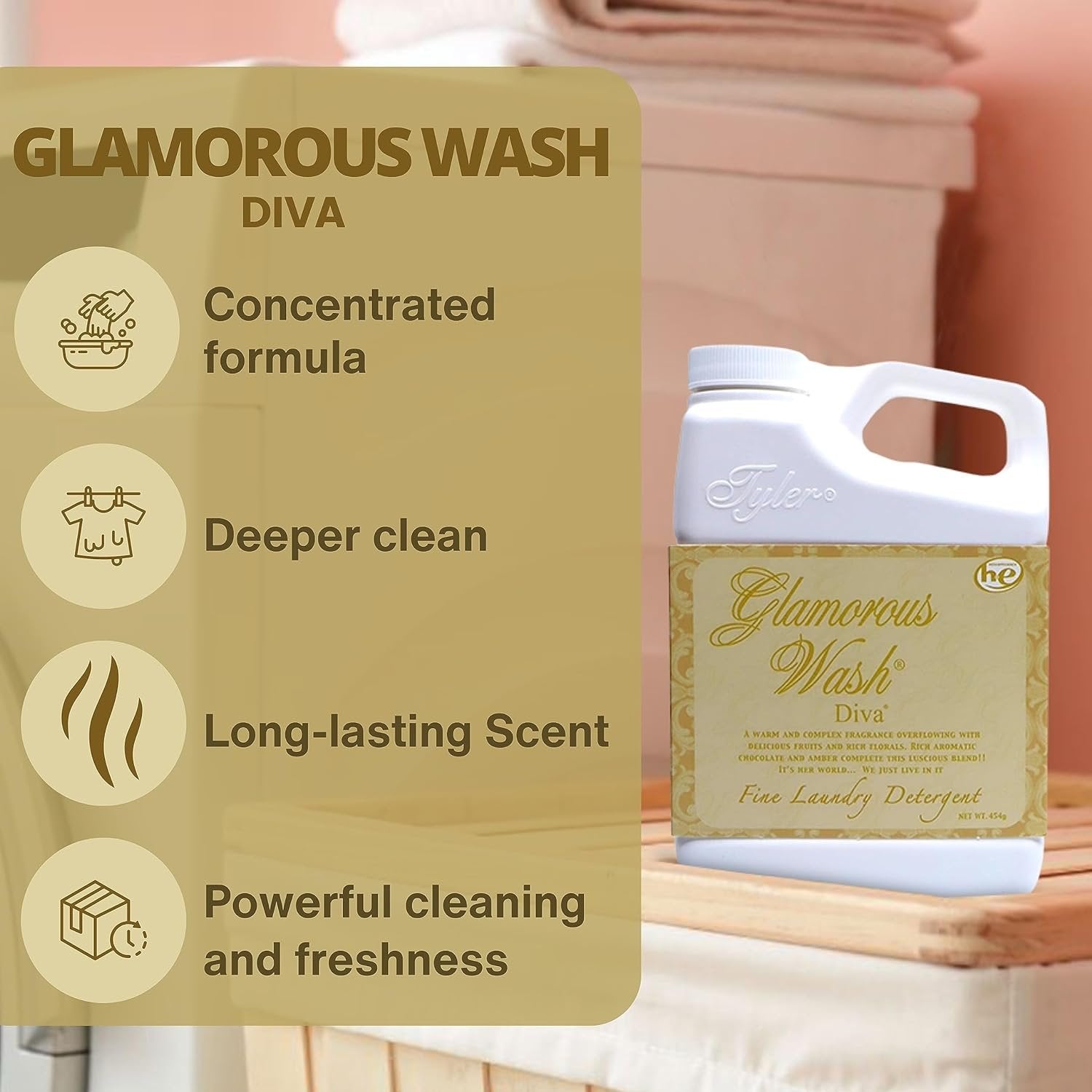 Tyler Candle Company Glamorous Wash Diva Laundry Liquid Detergent - Hand and Machine Washable - 16 oz (454 grams) - Pack of 1 with Multi-Purpose Keychain