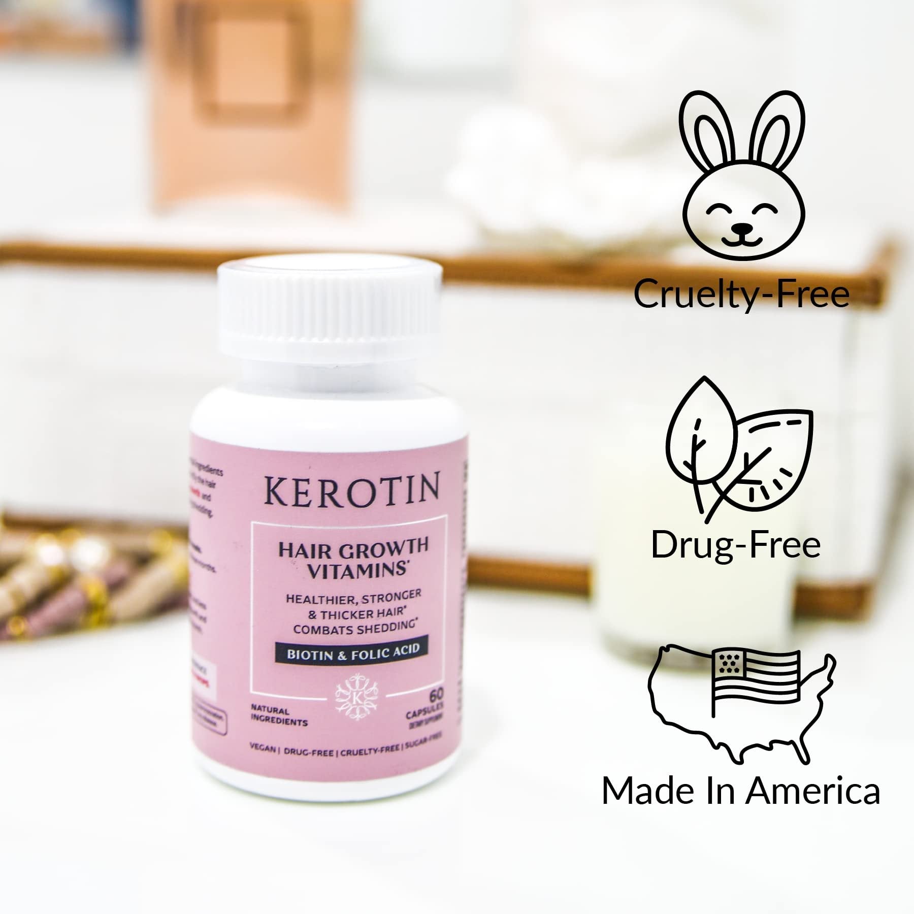 Kerotin Hair Growth Vitamins, Biotin Supplement, DHT Blocker, Collagen Stimulator, for Hair Loss Support, Nail & Skin Care, Includes Saw Palmetto, Vitamin D3 & More - 60 Pills (1 Month Supply)