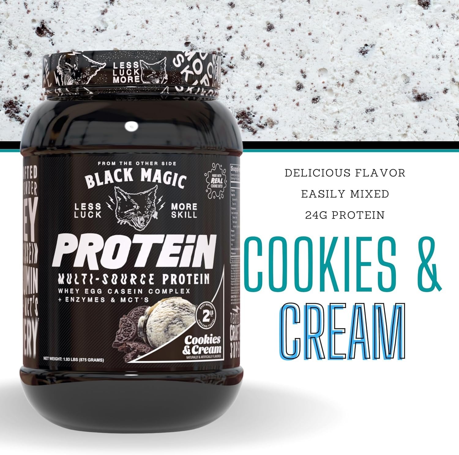 Black Magic Multi-Source Protein - Whey, Egg, and Casein Complex with Enzymes & MCT Powder - Pre Workout and Post Workout - Honey Grahms Protein Powder - 24g Protein - 2 LB with Bonus Key Chain