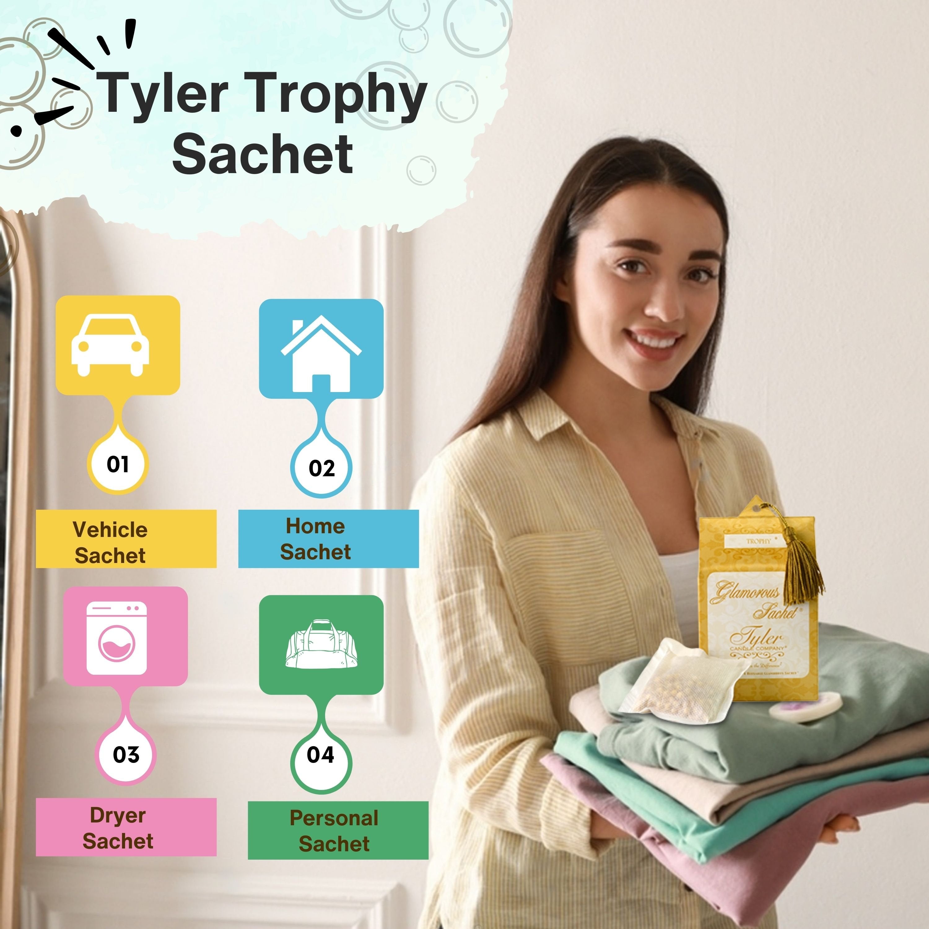 Tyler Candle Company Reusable Glamorous Dryer Sheets - Trophy- 4 Sachets in 1 Pack - with Multi-Purpose Key Chain