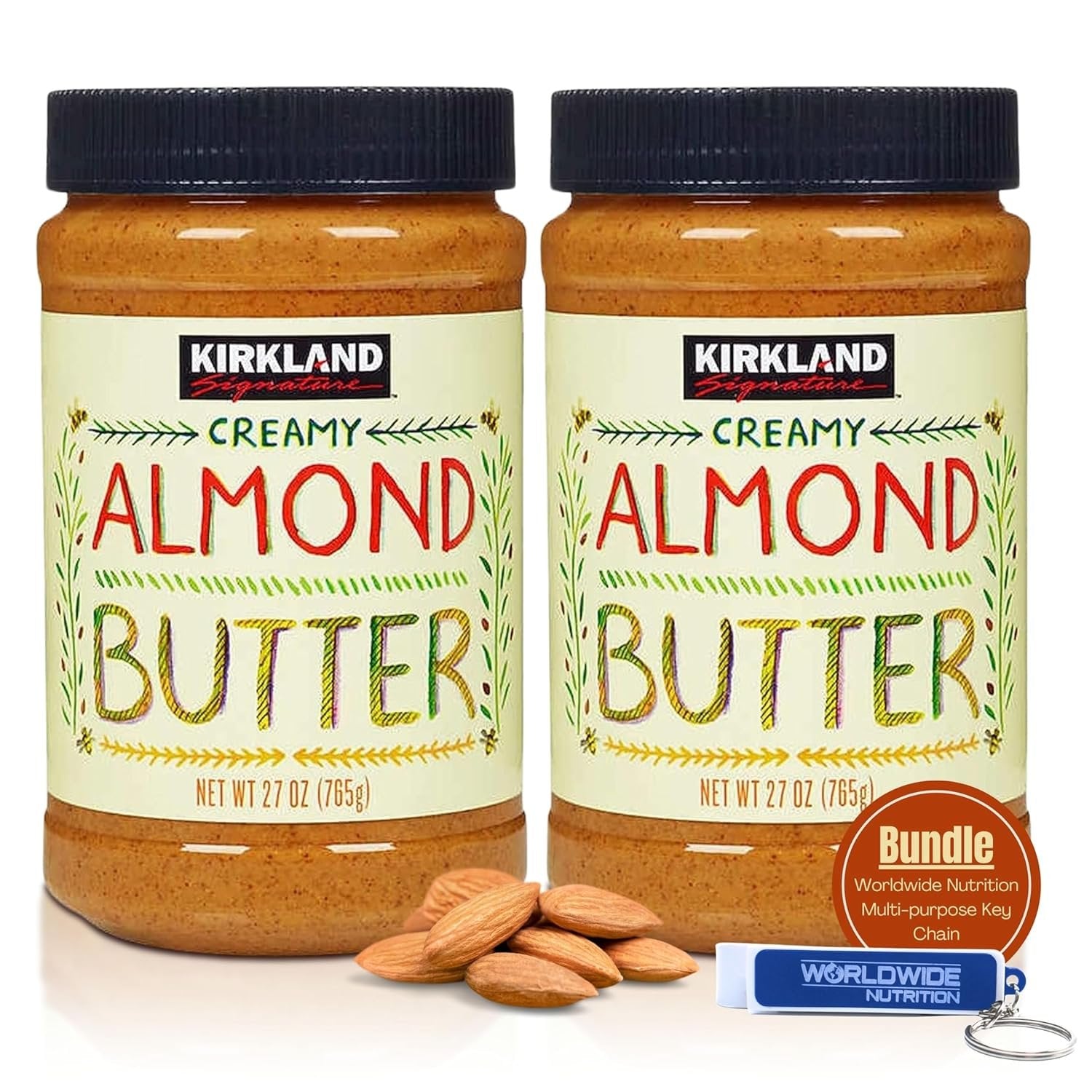 Kirkland Signature Creamy Pure Roasted Almond Butter, 27 oz (765g) - Pack of 2 with Multi-Purpose Keychain