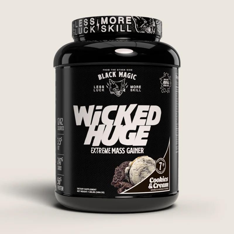 Black Magic Supply Wicked Huge Extreme Mass Gainer, 7.68 lbs - Cookies & Cream Powder - Muscle Building - Pack of 1 with Keychain