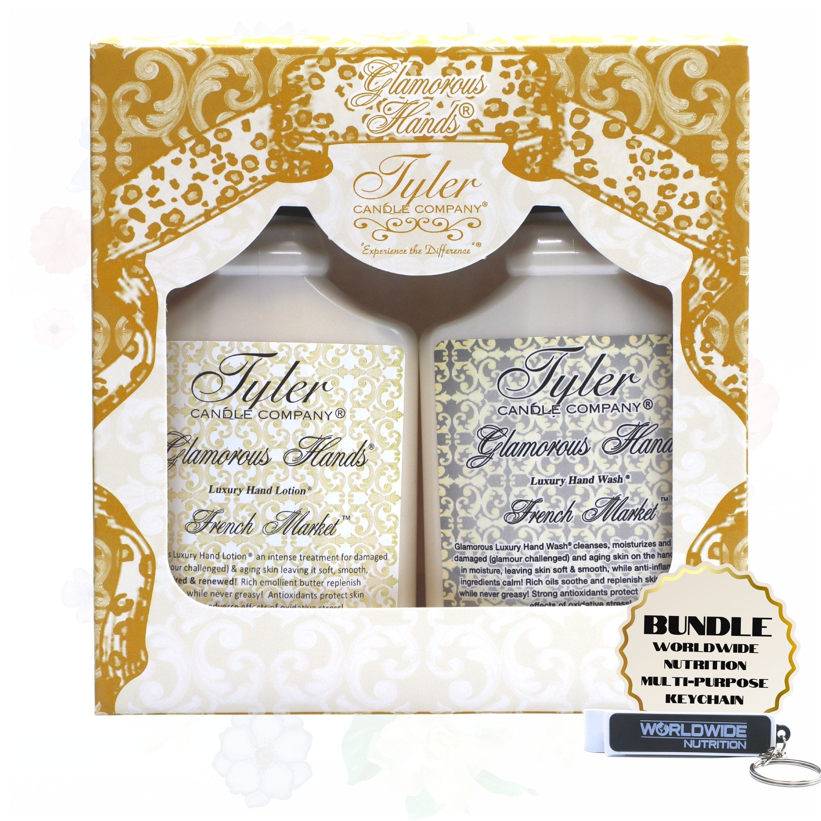 Tyler Candle Company French Market Glamorous  Scented Hand Wash and Hand Lotion Gift Set in Pump Bottles - Pack of 1, 8 oz - with Multi-Purpose Keychain