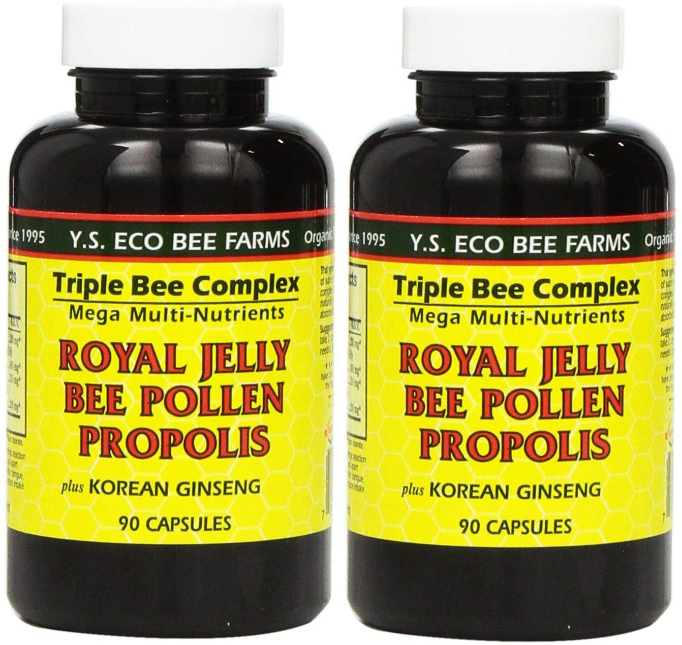 YS Organics  Bee Farms, Royal Jelly Bee Pollen Propolis plus Korean Ginseng, 90 Capsules (2Pack)