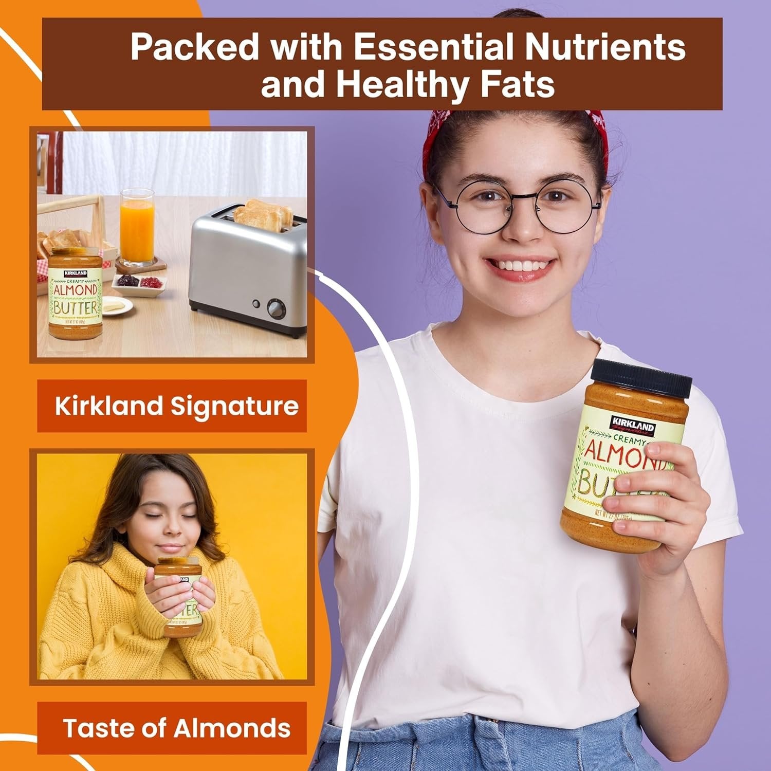 Kirkland Signature Creamy Pure Roasted Almond Butter, 27 oz (765g) - Pack of 2 with Multi-Purpose Keychain