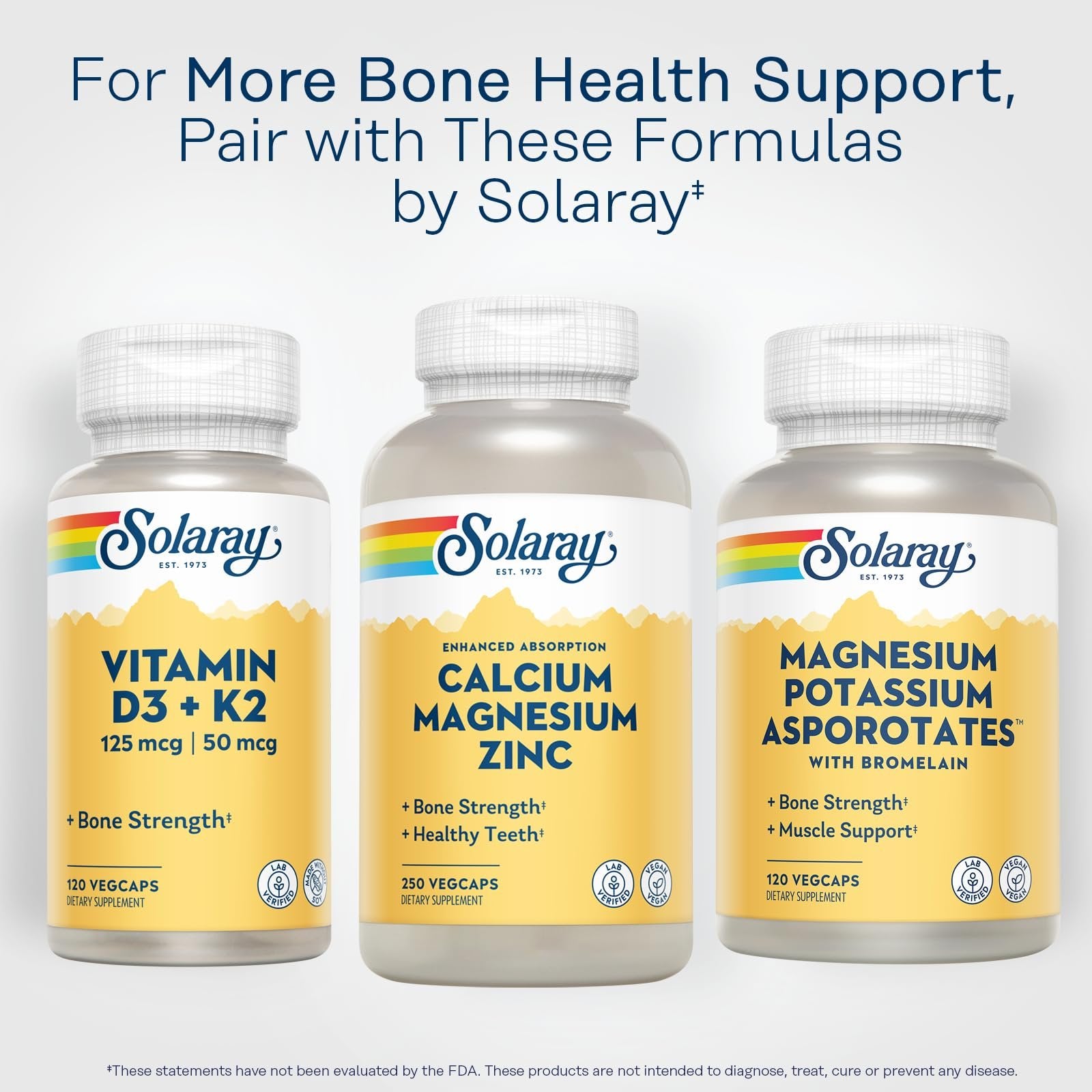 SOLARAY Calcium Magnesium Zinc Supplement - with Calcium 1000mg, Magnesium 500mg - Bone Health, Muscle Function, Heart Health and Immune Support - Vegan, 60 Day Guarantee, 62 Servings, 250 VegCaps