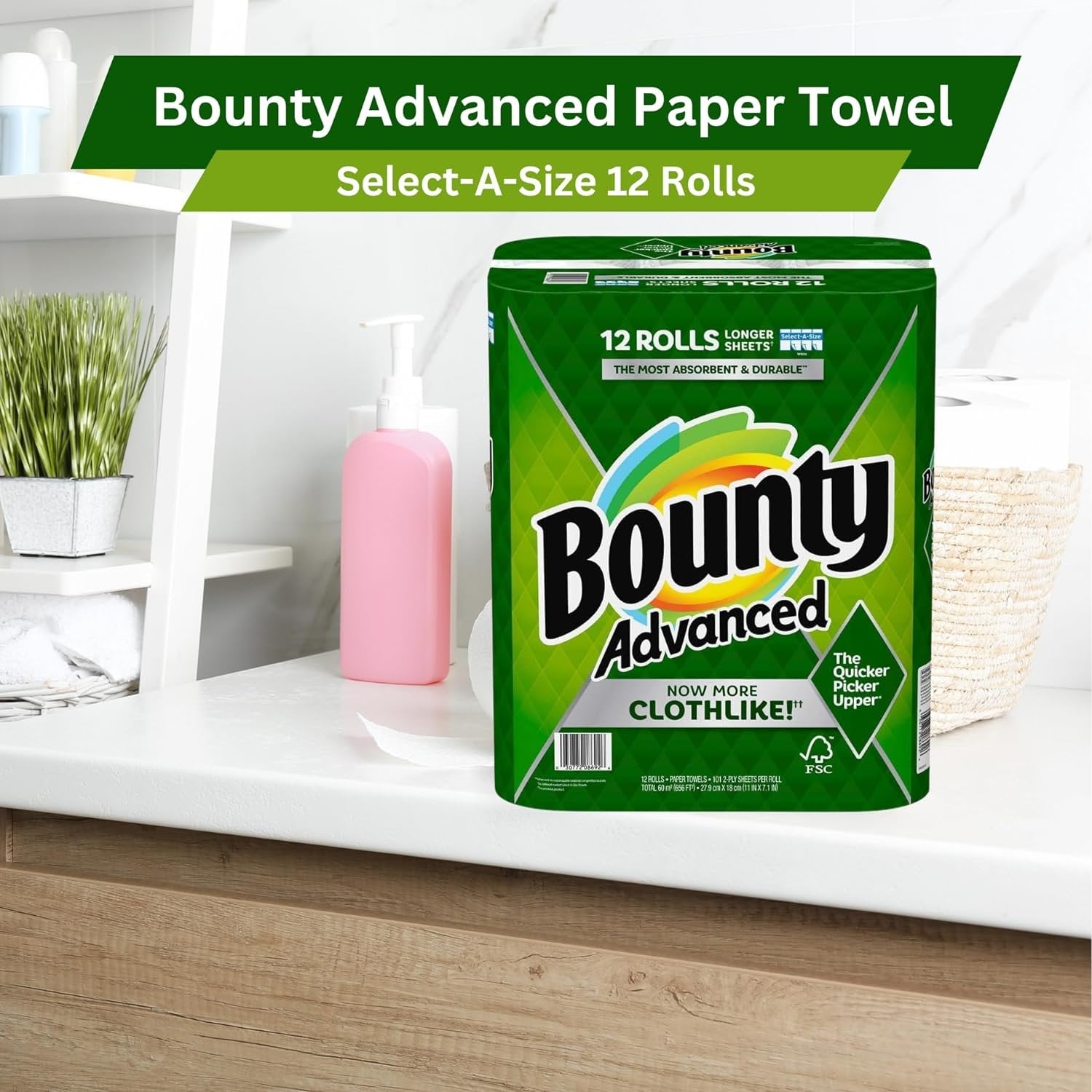 Bounty Advanced 2-Ply Paper Towel 12 Rolls - Absorbent, Durable, Longer Sheets, Clothlike - with Multi-Purpose Keychain