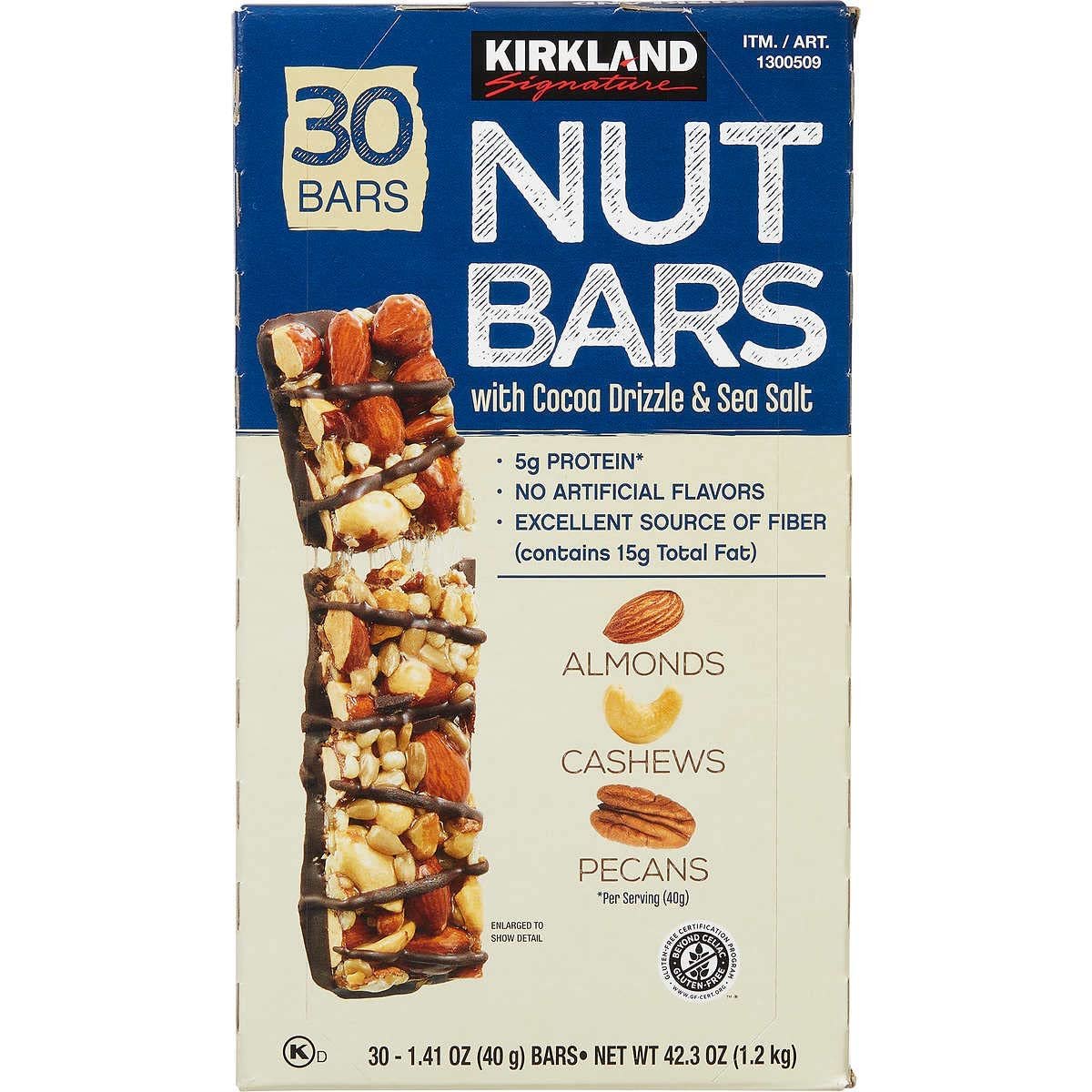 Kirkland Signature Nut Bars with Cocoa Drizzle & Sea Salt, 30 Bars - Almonds - Cashew - Pecans -  Pack of 2