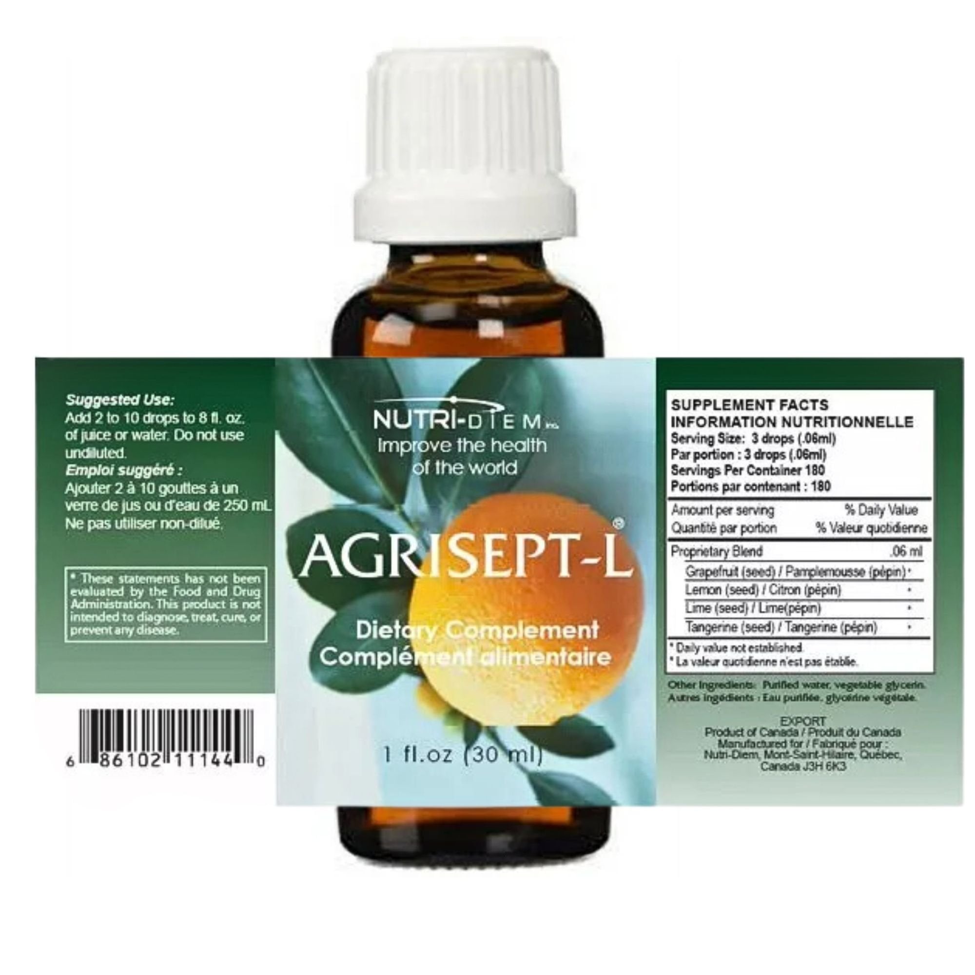 Nutri-Diem Agrisept - L Antioxidant Liquid Drops - Immune Support - Digestive Health - 30ml (1 oz) Bottle with Multi-Purpose Key Chain