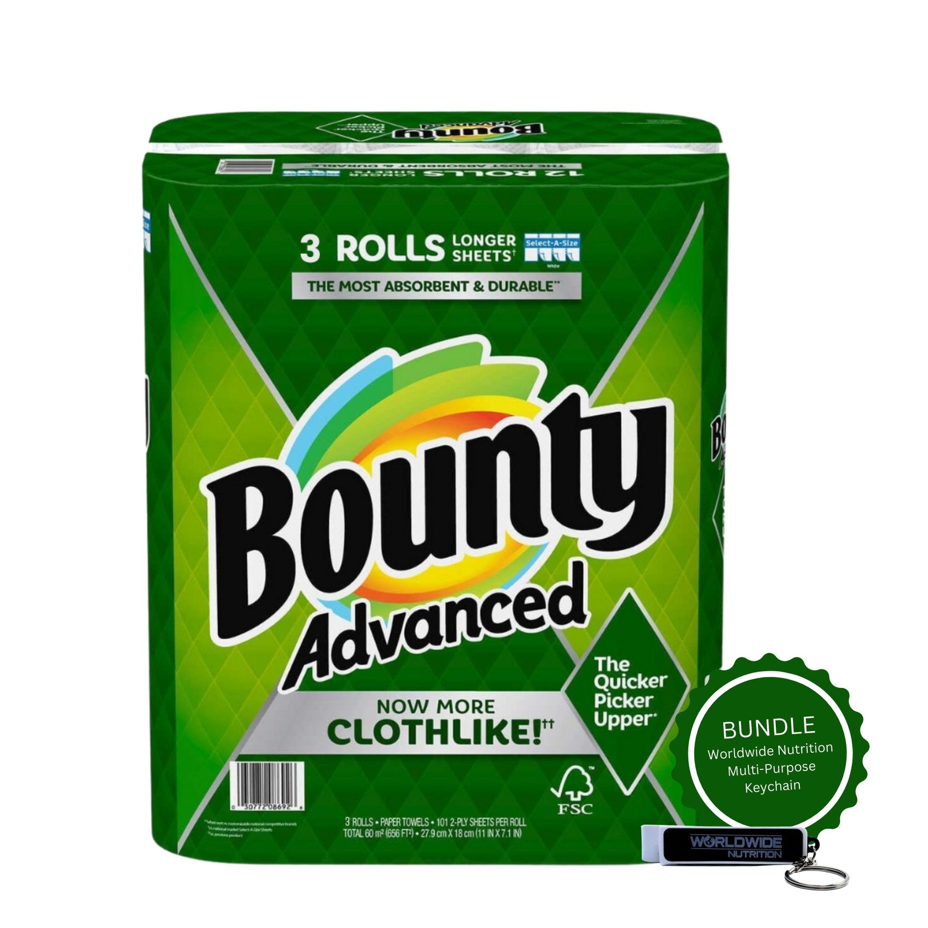 Bounty Advanced 2-Ply Paper Towel - Absorbent, Durable, and Clothlike - Select-A-Size - 3 rolls with Multi-Purpose Keychain