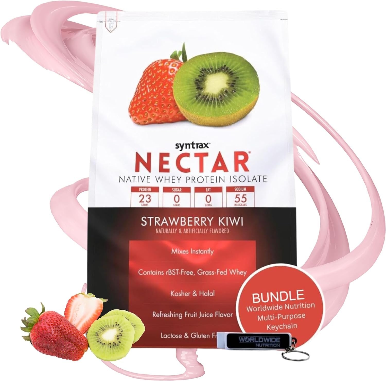 Syntrax Nectar Native Whey Protein Isolate (2lb Bag) - Muscle Support - with Multi-Purpose Keychain