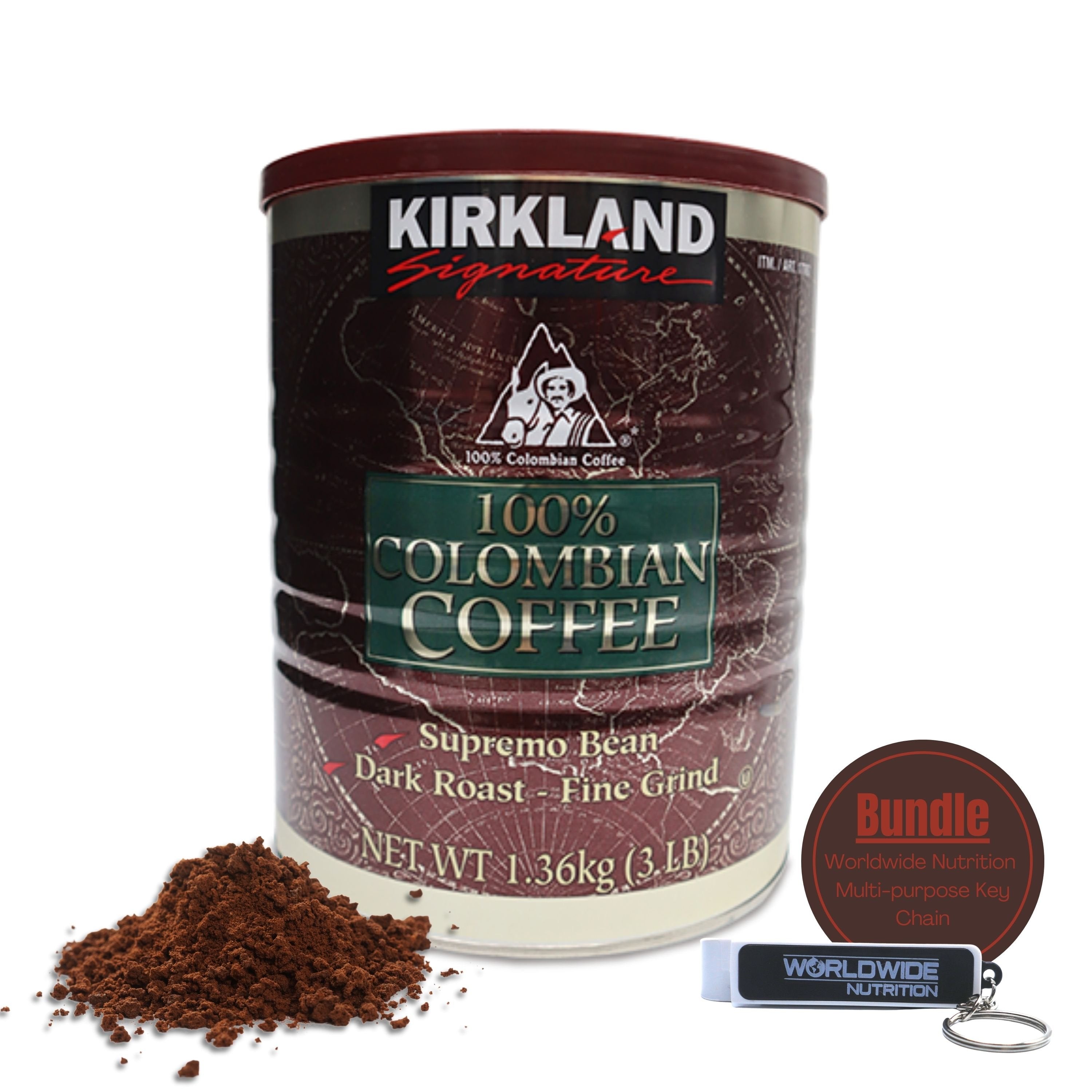 Kirkland Signature 100% Colombian Coffee Supremo Bean - Dark Roast - Fine Grind - 3 LB (1.36kg) with Keychain