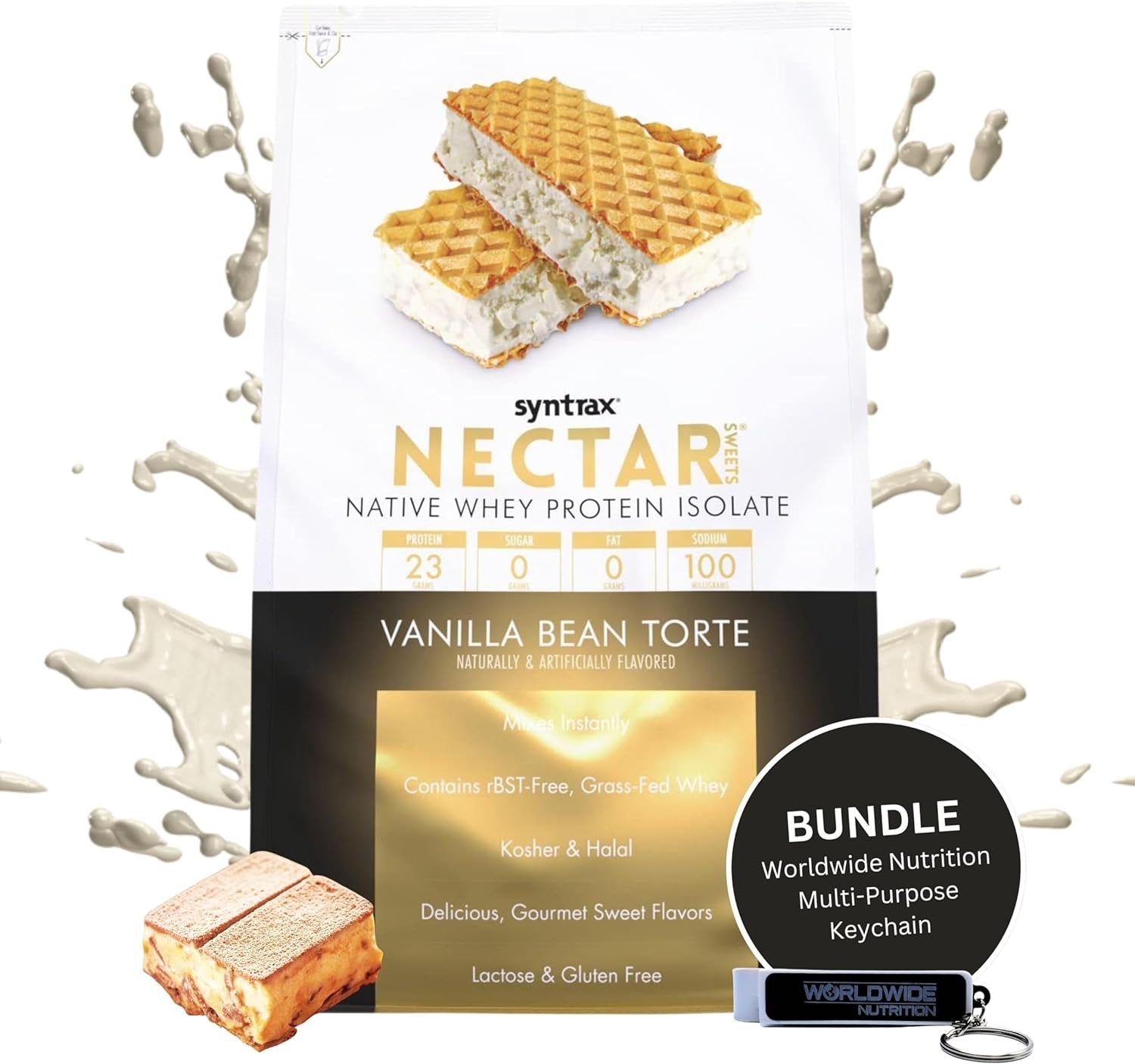 Vanilla Bean Torte Syntrax Nectar Native Whey Protein Isolate (2lb Bag) Natural Vanilla - Muscle Support - with Multi-Purpose Keychain