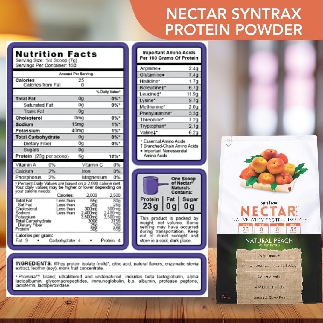 Natural Peach Syntrax Nectar Native Whey Protein Isolate (2lb Bag) Natural Vanilla - Muscle Support - with Multi-Purpose Keychain