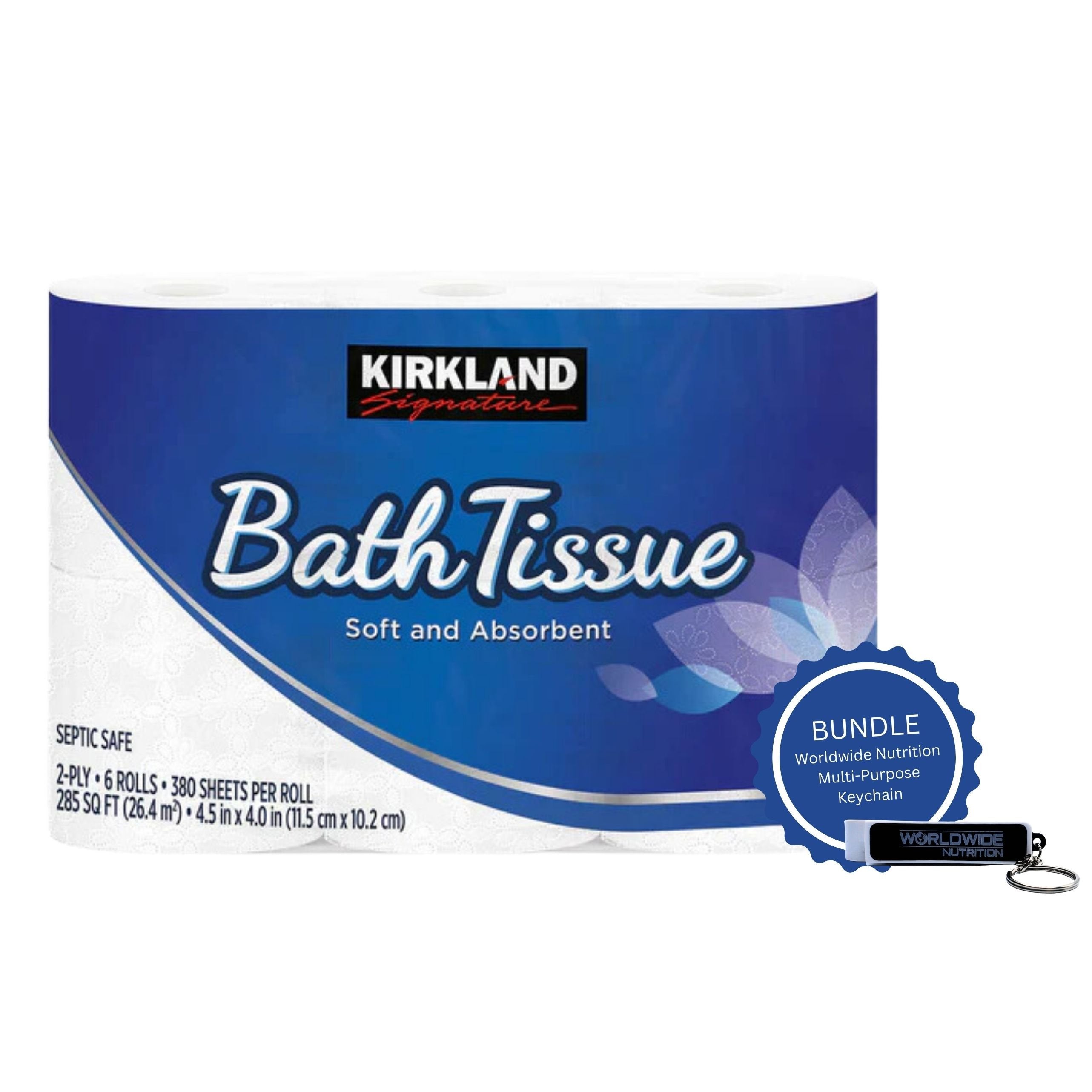 Kirkland Signature 2-Ply Bath Tissue - Soft and Absorbent Toilet Paper - Septic Safe - 6 Rolls - Pack of 1 with Multi-Purpose Keychain