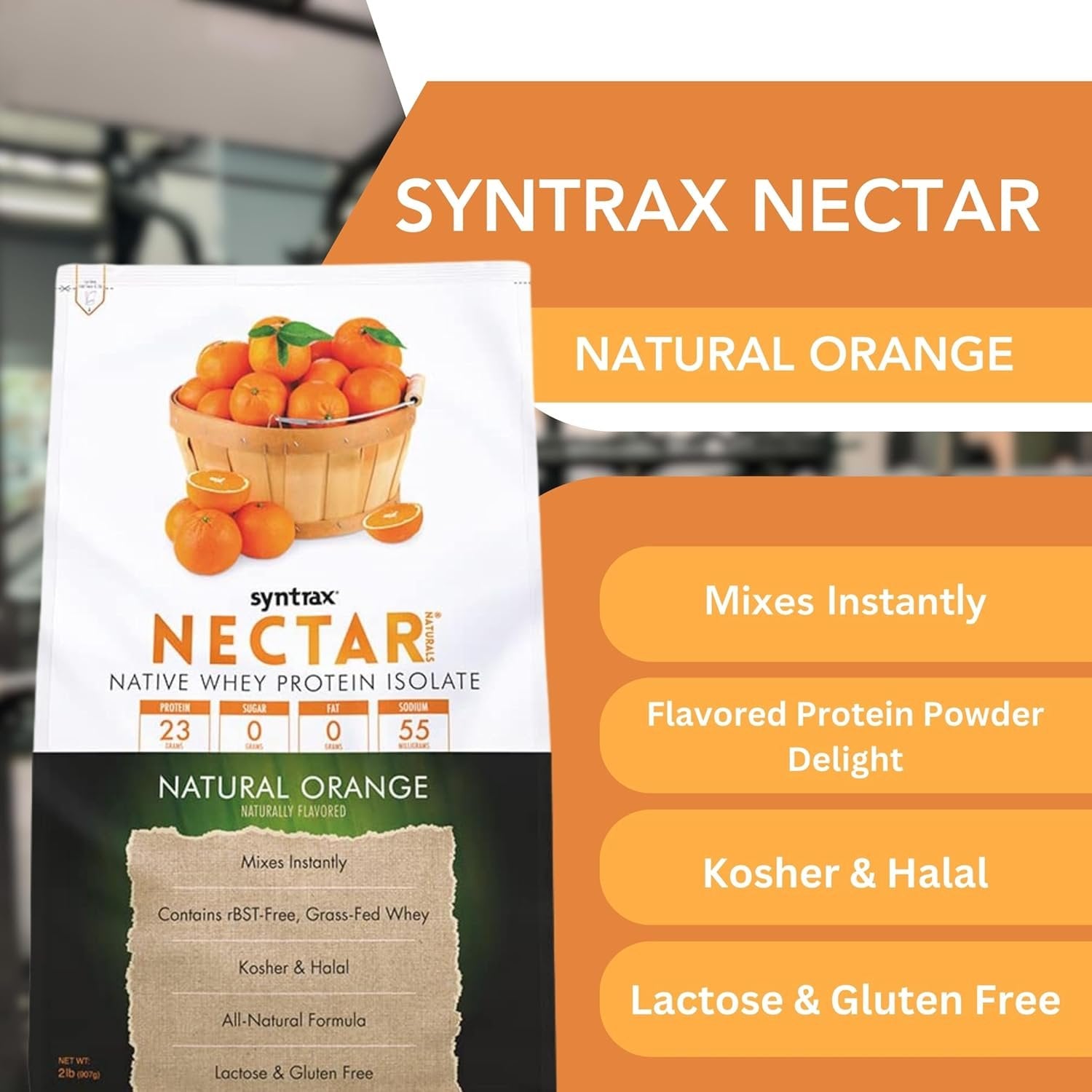 Natural Orange Syntrax Nectar Native Whey Protein Isolate (2lb Bag) Natural Vanilla - Muscle Support - with Multi-Purpose Keychain