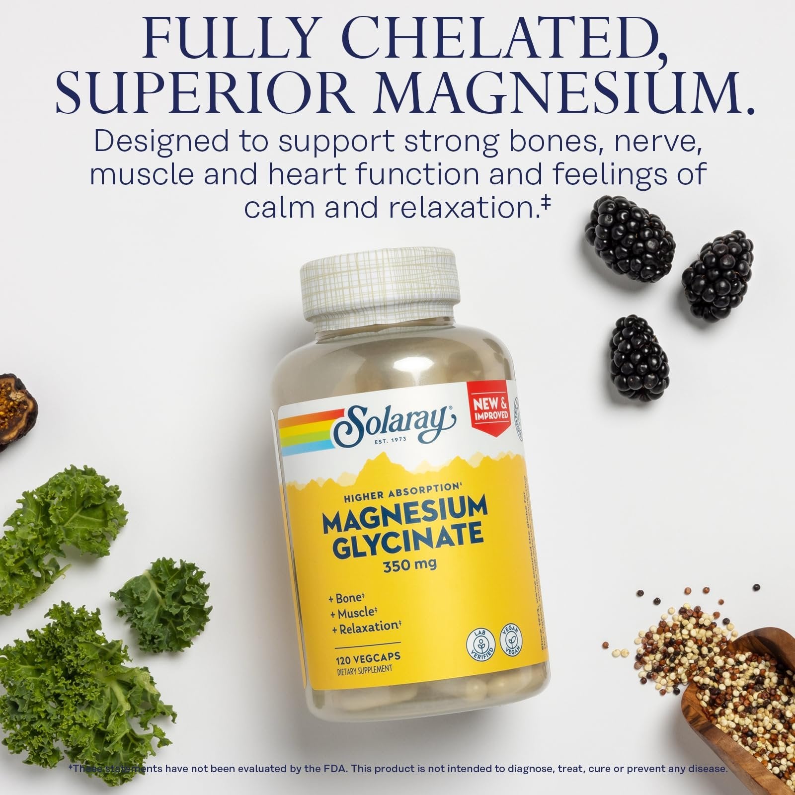 Solaray Magnesium Glycinate, New & Improved Fully Chelated Bisglycinate with BioPerine, High Absorption Formula, Stress, Bones, Muscle & Relaxation Support, 60 Day Guarantee (30 Servings, 120 VegCaps)