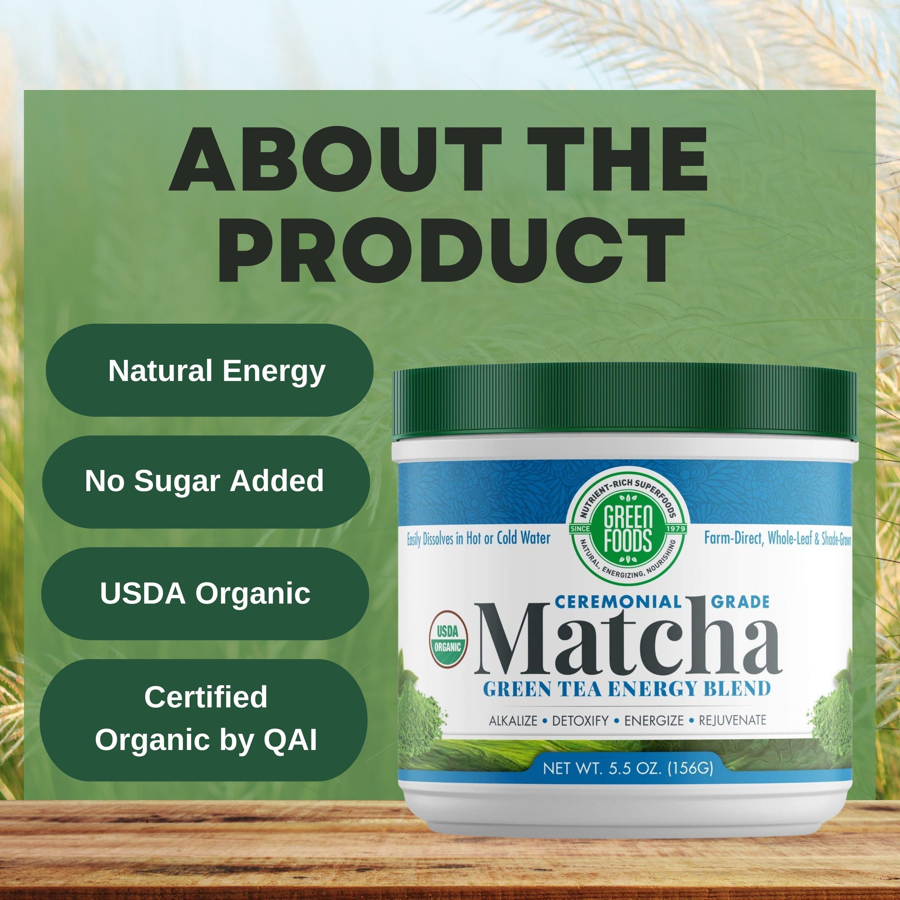 Green Foods Organic Ceremonial Grade Matcha Green Tea Energy Blend Powder - Alkalize - Detoxify - Energize - Rejuvenate - 5.5oz (156g) - with Multi-Purpose Keychain