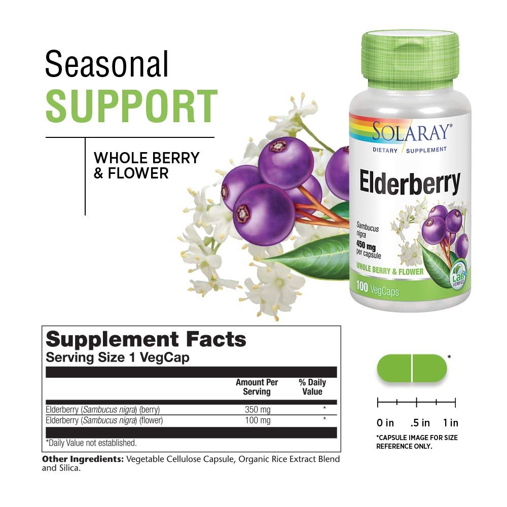 Solaray Elderberry Berry & Flower 450mg | Support for General Wellbeing During Cold Months | with Flavonoids & Phenolic Compounds | Non-GMO | 100ct