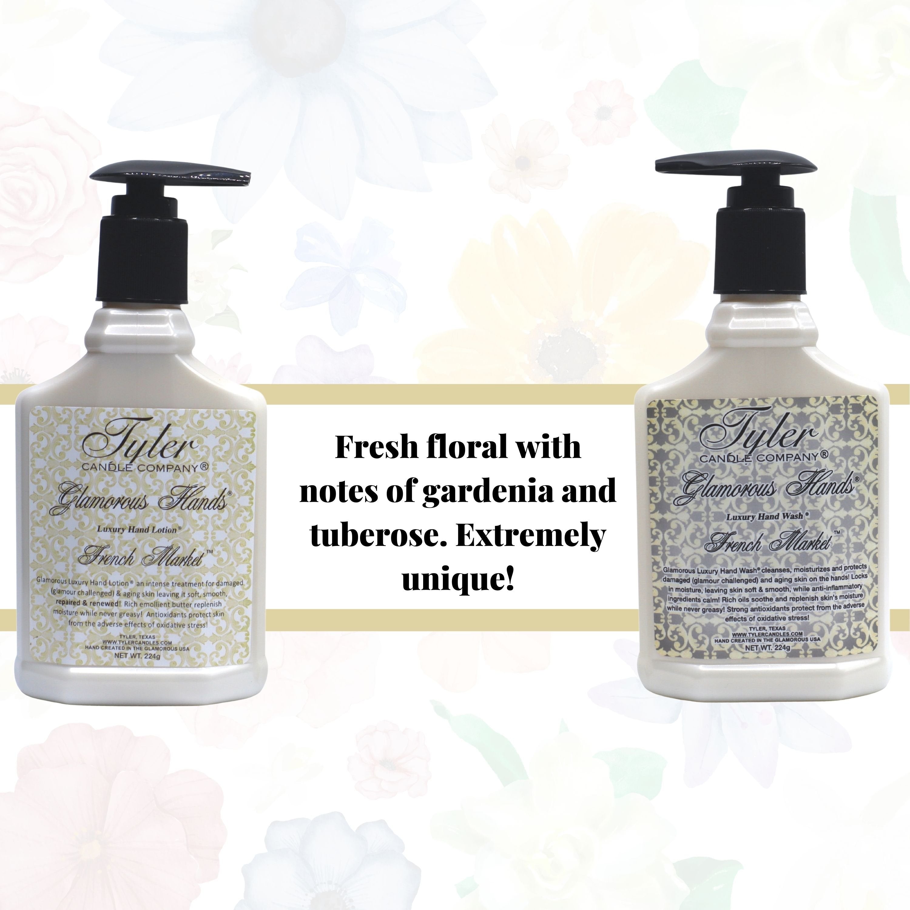 Tyler Candle Company French Market Glamorous  Scented Hand Wash and Hand Lotion Gift Set in Pump Bottles - Pack of 1, 8 oz - with Multi-Purpose Keychain