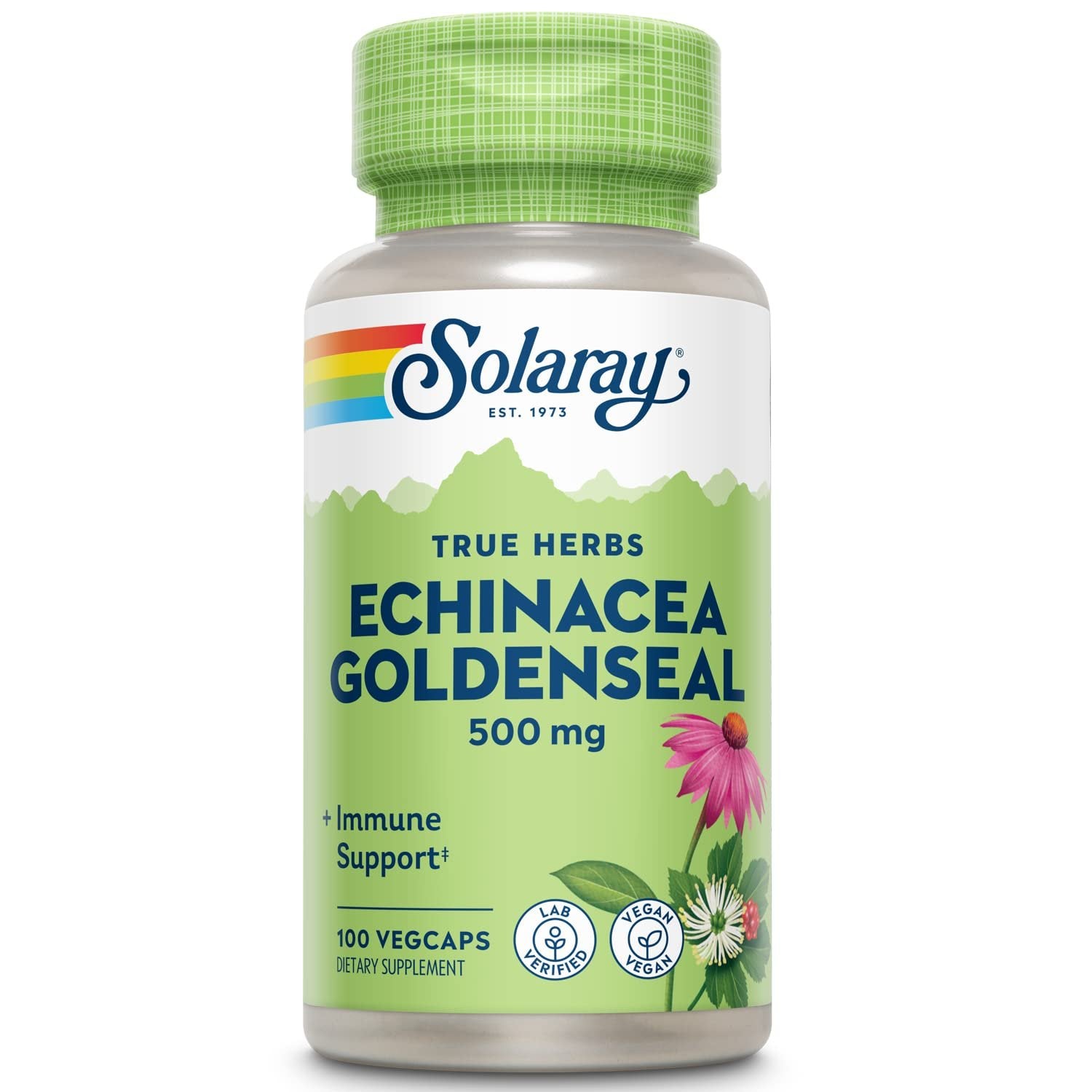 Solaray Echinacea Root & Goldenseal Root 500mg | Healthy Immune & Respiratory System Support | Non-GMO, Vegan & Lab Verified | 100 VegCaps