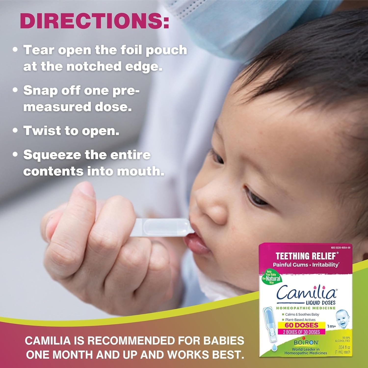 Boiron Camilia Liquid Doses - Homeopathic Medicine (1m+) - Teething Relief - Painful Gums - Irritability - 60 Count - Pack of 2 - with Multi-Purpose Keychain