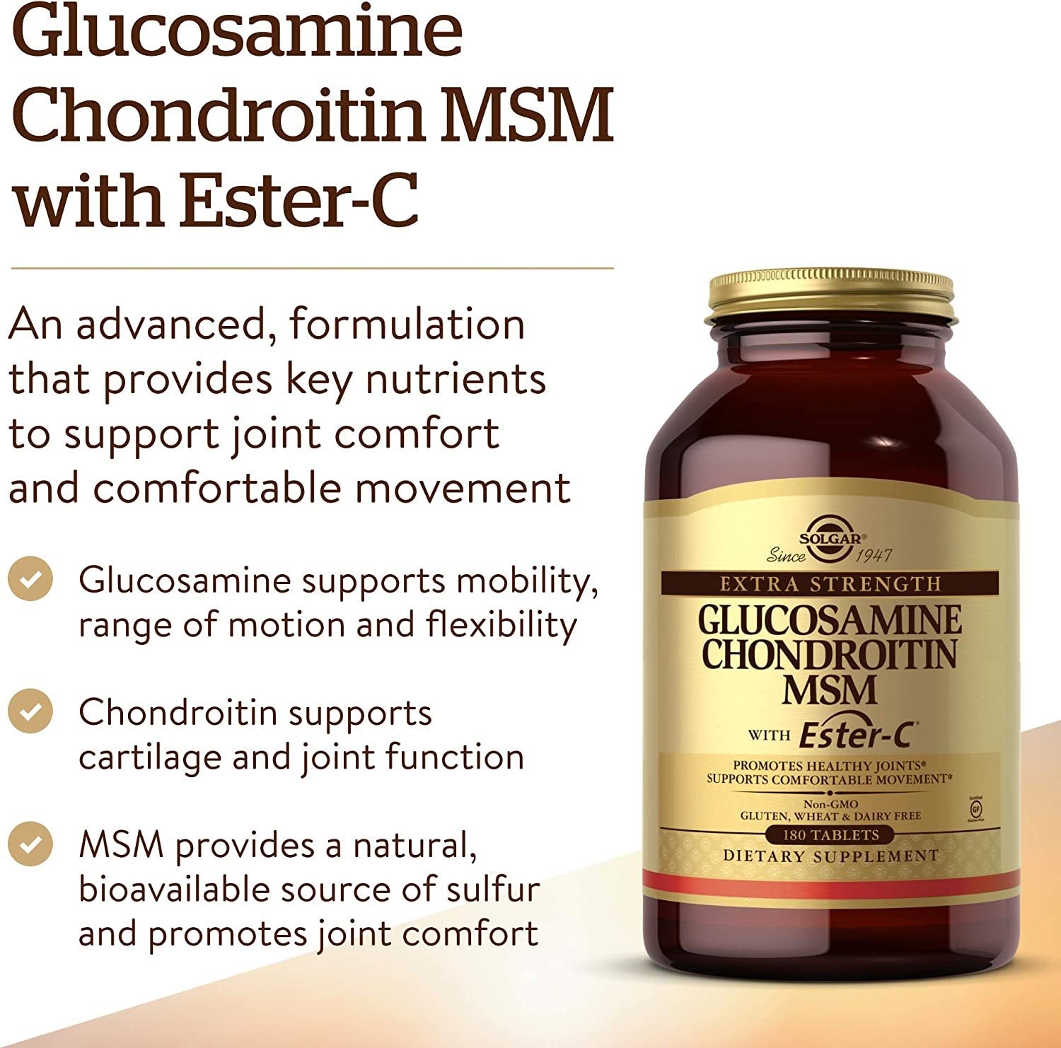 Solgar Extra Strength Glucosamine Chondroitin MSM w/ Ester-C, 180 Tablets - Promotes Healthy Joints, Supports Comfortable Movement & Collagen Formation - Non-GMO, Gluten Free, Dairy Free - 60 Servings