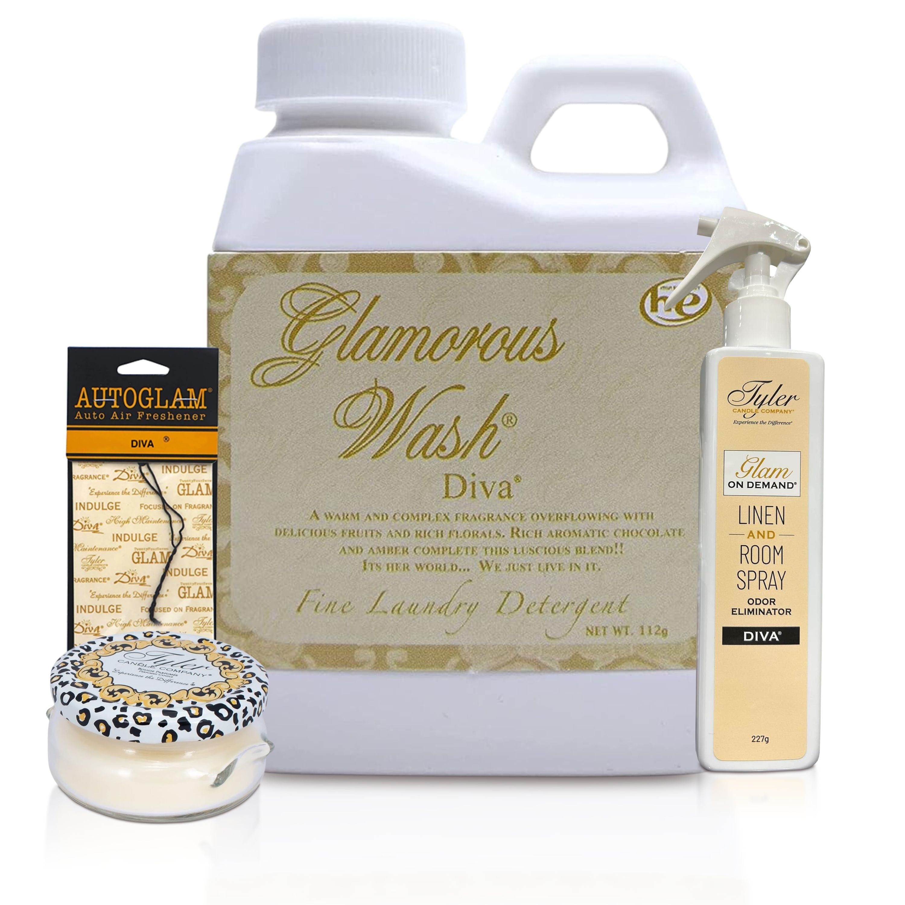 Tyler Candle Company Glamorous Gift Suite VI - Diva Scent - 4-Piece Gift Pack - 227g Glam On Demand Spray Bottle, 3oz Prestige Candle, 112g Glamorous Wash Laundry Detergent, Autoglam Auto Air Freshener - Pack of 1