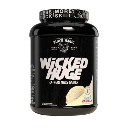 Black Magic Supply Wicked Huge Extreme Mass Gainer, 7.24 lbs - French Vanilla Powder - Muscle Building - Pack of 1 with Keychain