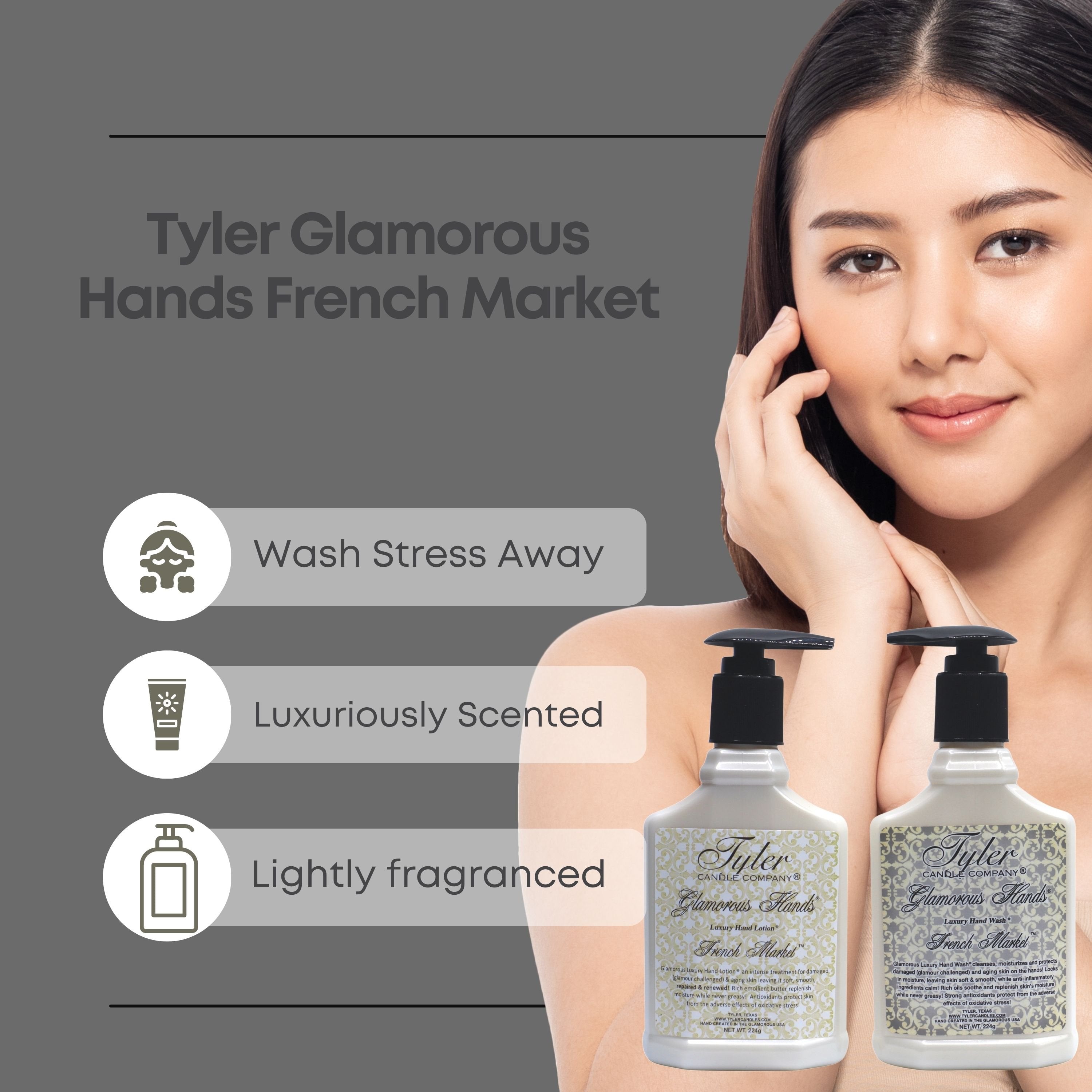 Tyler Candle Company French Market Glamorous  Scented Hand Wash and Hand Lotion Gift Set in Pump Bottles - Pack of 1, 8 oz - with Multi-Purpose Keychain