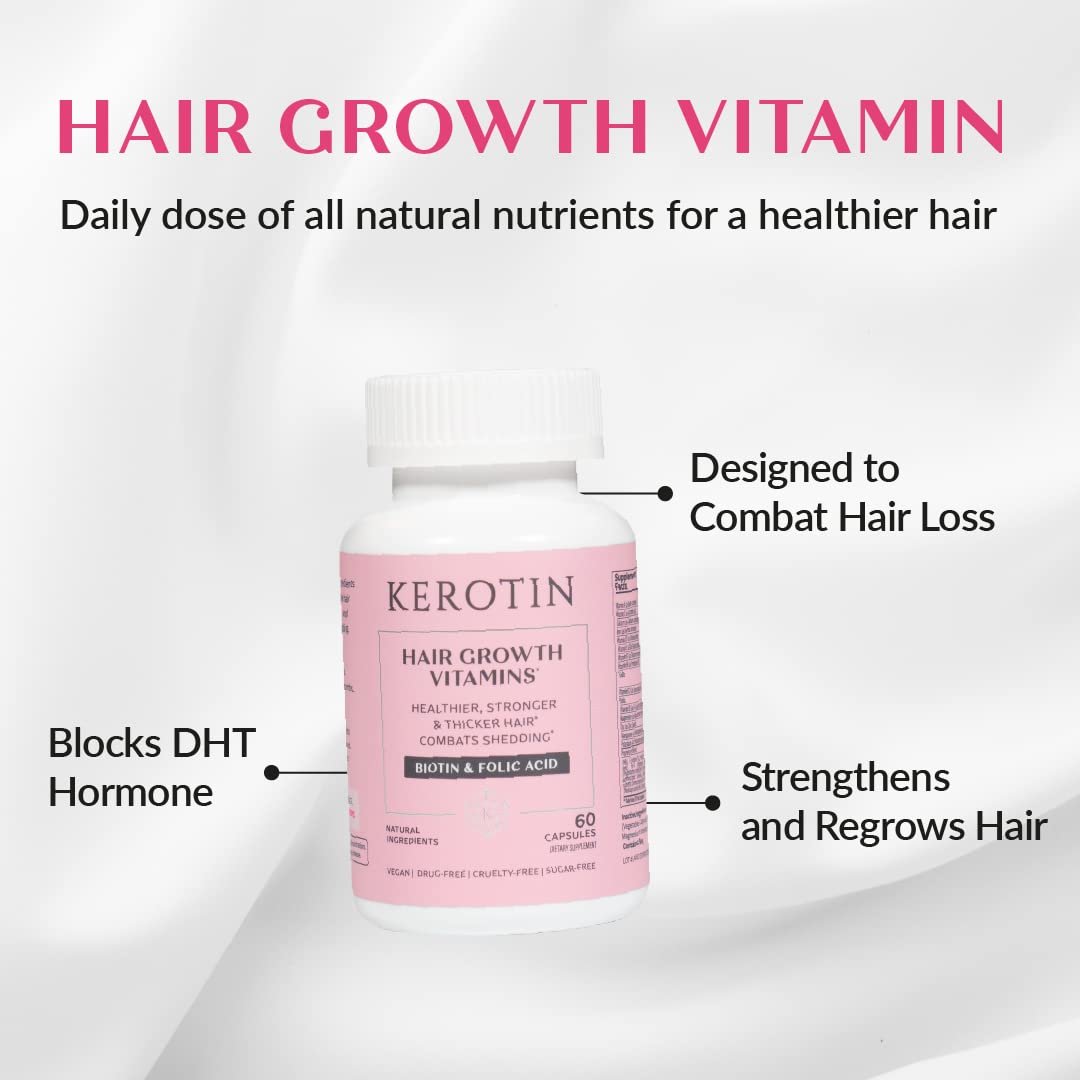 Kerotin Hair Growth Vitamins, Biotin Supplement, DHT Blocker, Collagen Stimulator, for Hair Loss Support, Nail & Skin Care, Includes Saw Palmetto, Vitamin D3 & More - 60 Pills (1 Month Supply)