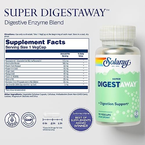 SOLARAY Super Digestaway Digestive Enzymes - Pancreatin, Papain, Ginger, Pepsin, Betaine HCl, Aloe Vera, and More - Digestion & Nutrient Absorption Support - Lab Verified - 90 VegCaps