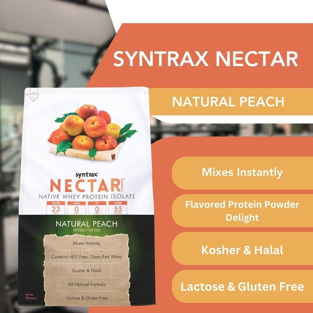 Natural Peach Syntrax Nectar Native Whey Protein Isolate (2lb Bag) Natural Vanilla - Muscle Support - with Multi-Purpose Keychain