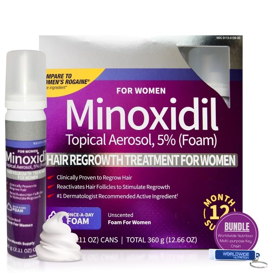 Kirkland Signature Minoxidil Topical 5% Foam - For Women Hair Loss Regrowth Treatment - 2.11oz, 6 Counts with Keychain