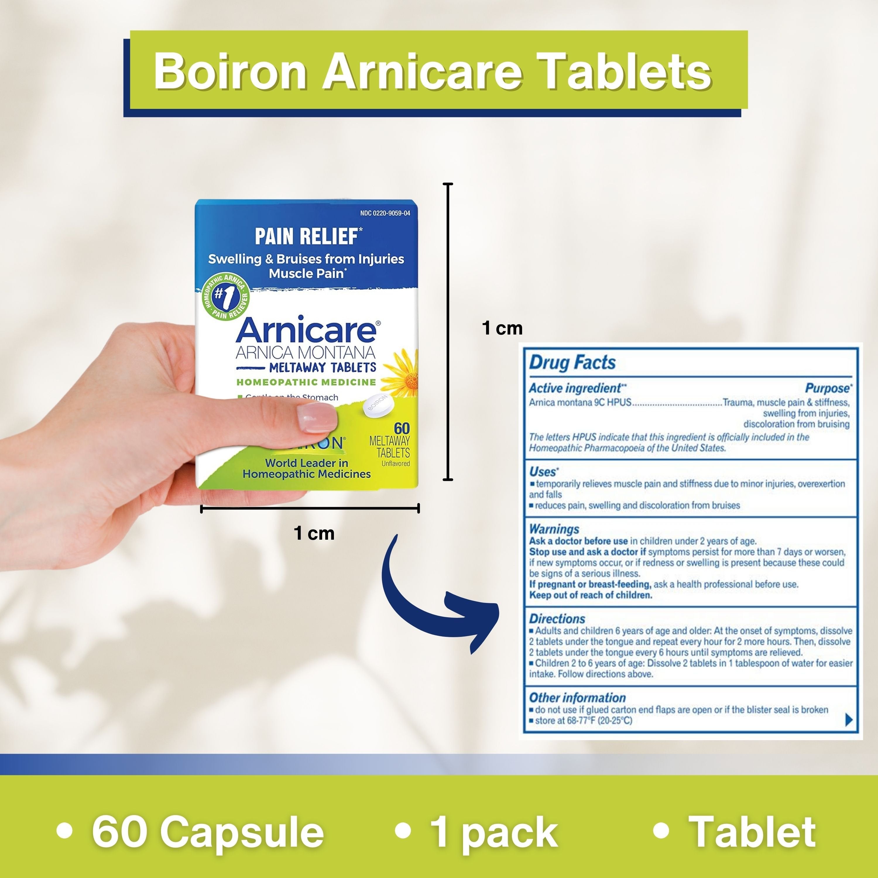 Boiron Arnicare Arnica Montana Meltaway Tablets - Swelling Reducer - Bruise Remedy - Muscle Pain Reliever - 60 Unflavored Tablets  with Multi-Purpose Keychain