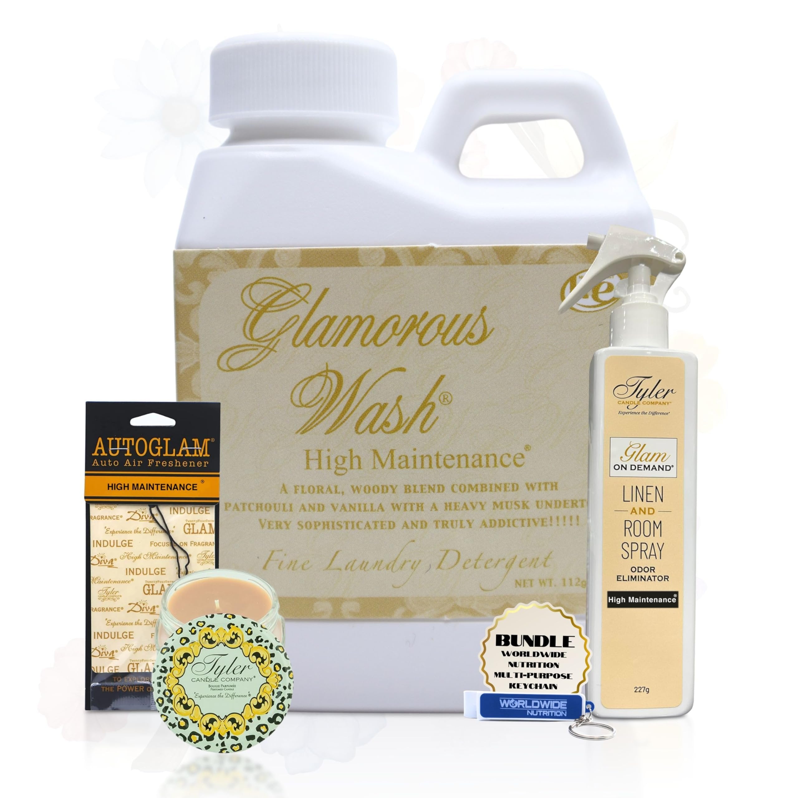 Tyler Candle Company Glamorous Gift Suite VI High Maintenance - Glam On Demand Linen and Room Spray Bottle, Prestige Candle, Glam Wash Laundry Detergent, Autoglam Air Freshener & Keychain