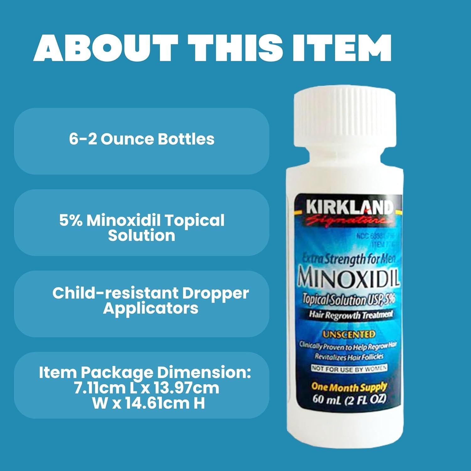 Kirkland Signature Minoxidil Extra Strength for Men Topical Solution USP 5 % - Hair Regrowth Treatment -  Unscented - 2 fl oz - Pack of 6 with Keychain